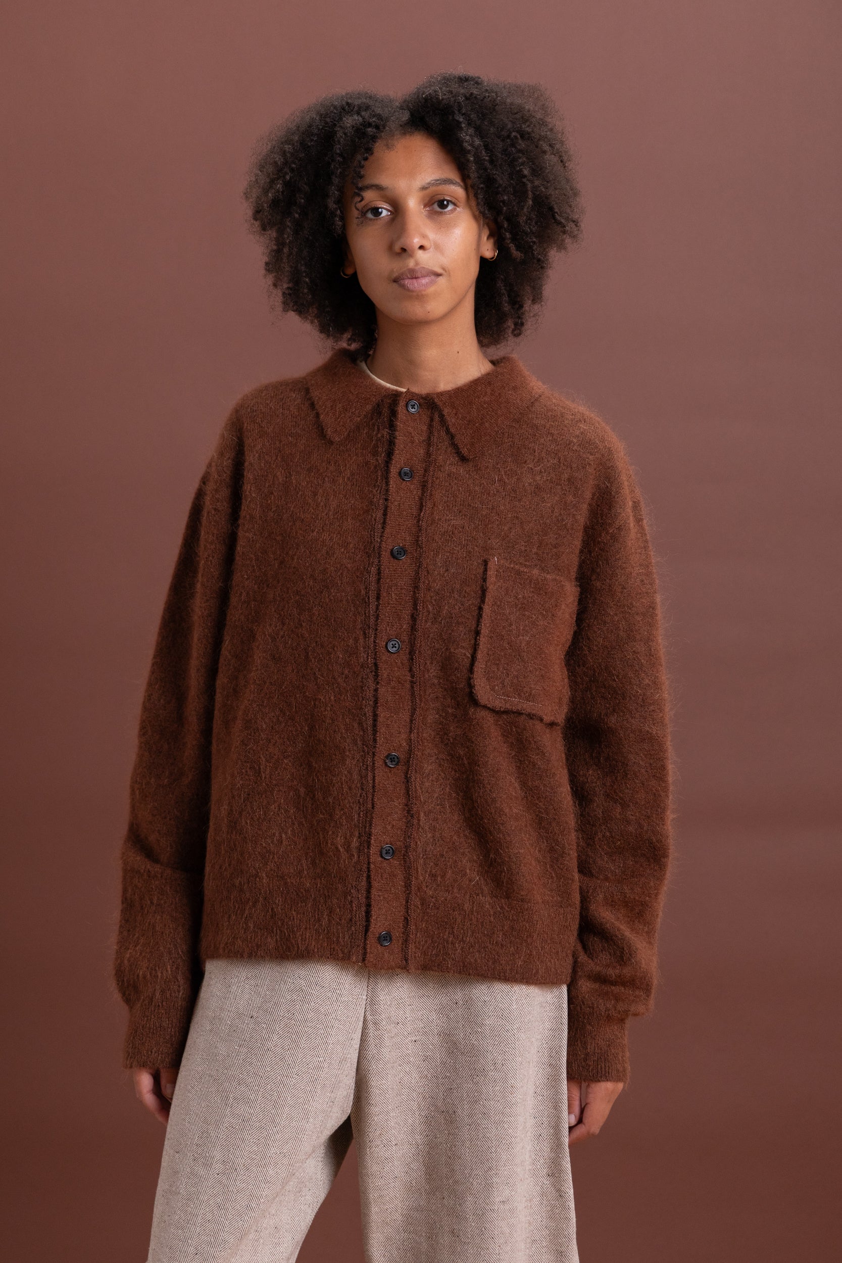 HAIRY CARDIGAN IN BROWN MOHAIR WOOL