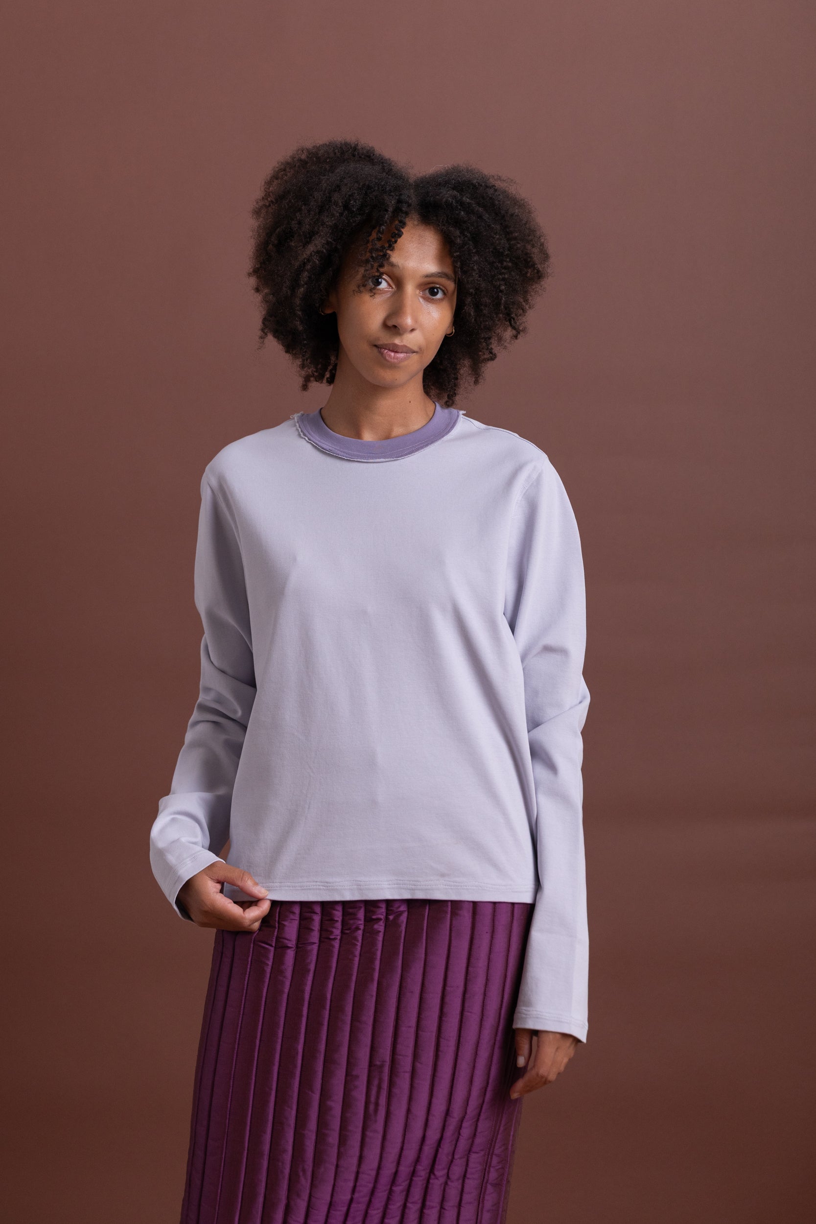 LONG SLEEVE NORMAL TEE IN PURPLE RIB JERSEY
