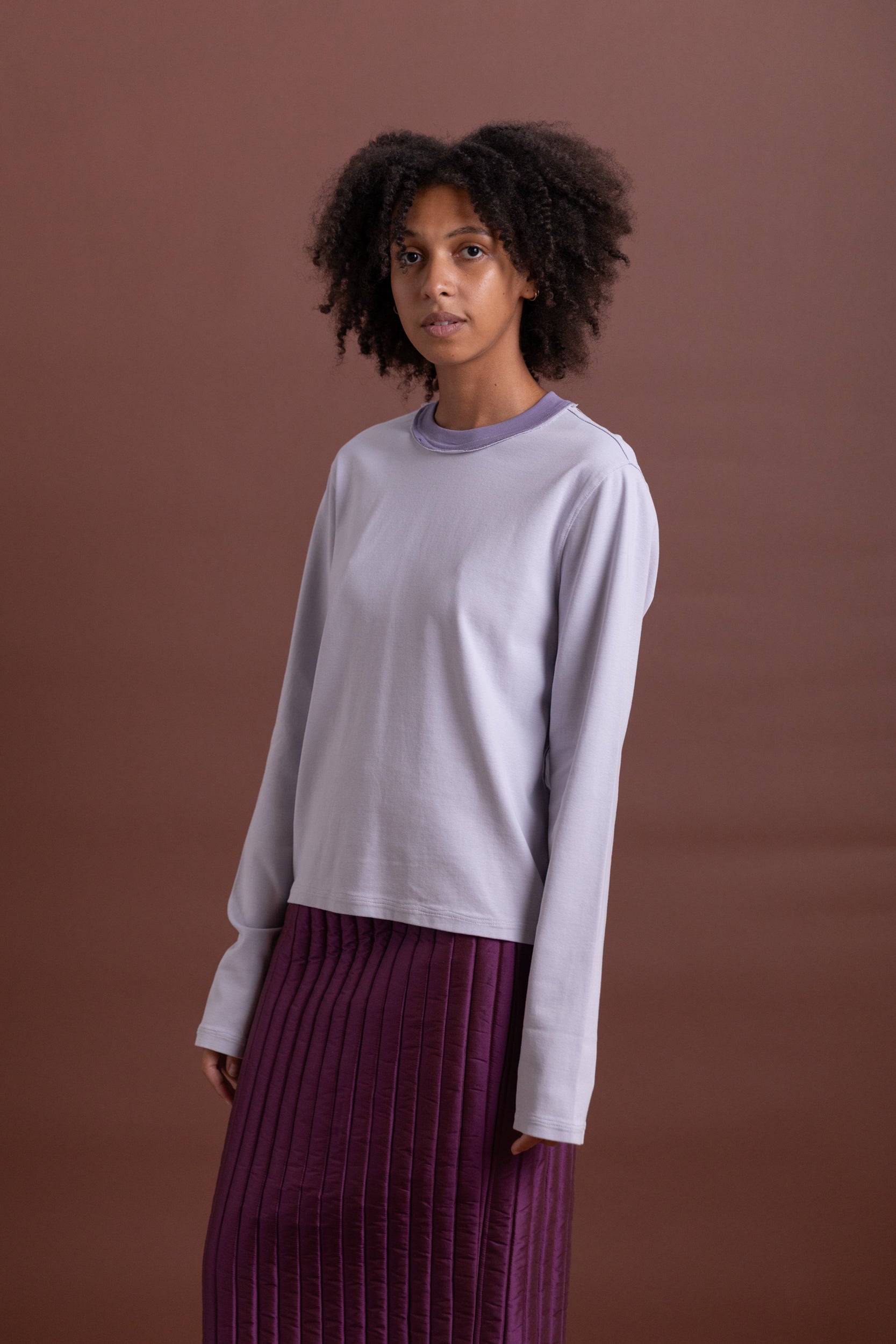 LONG SLEEVE NORMAL TEE IN PURPLE RIB JERSEY