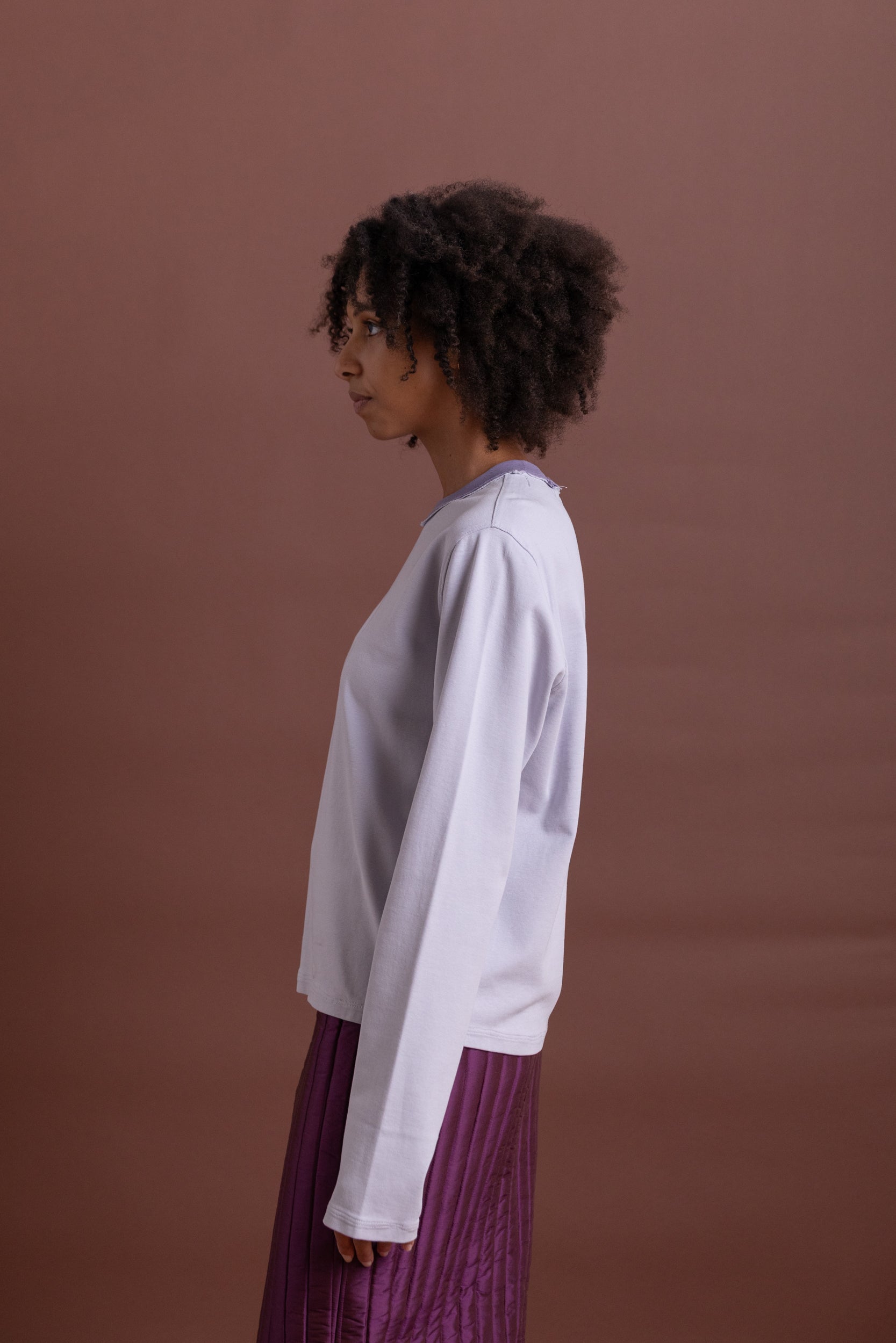 LONG SLEEVE NORMAL TEE IN PURPLE RIB JERSEY