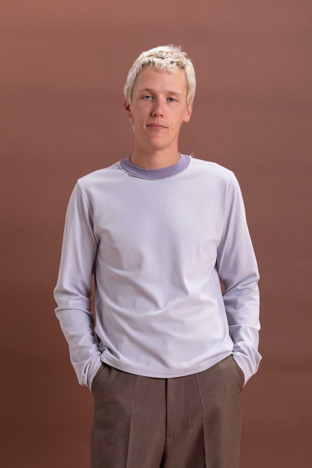 LONG SLEEVE NORMAL TEE IN PURPLE RIB JERSEY