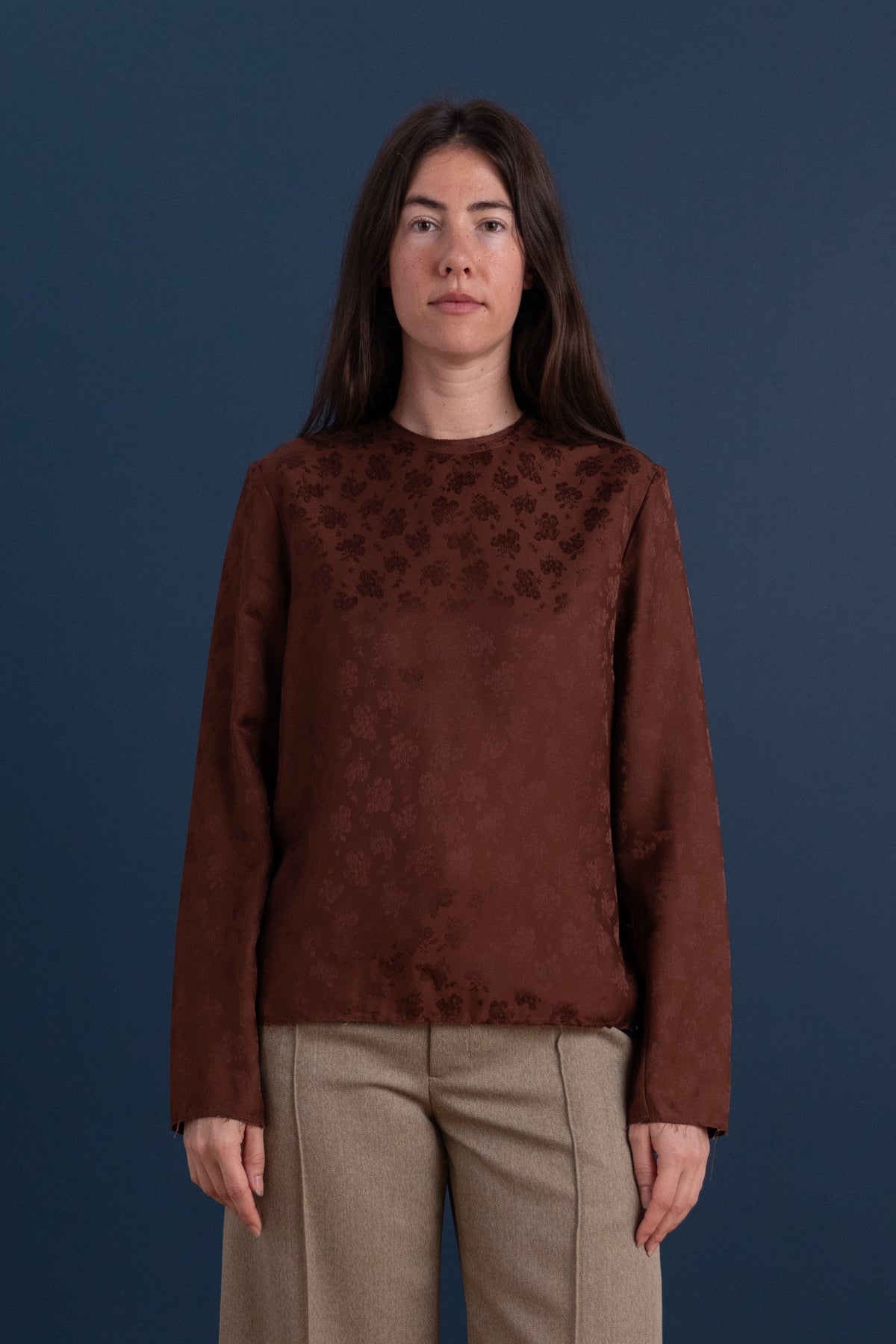 NORMAL TOP IN LONG SLEEVE JACQUARD BROWN FLOWER