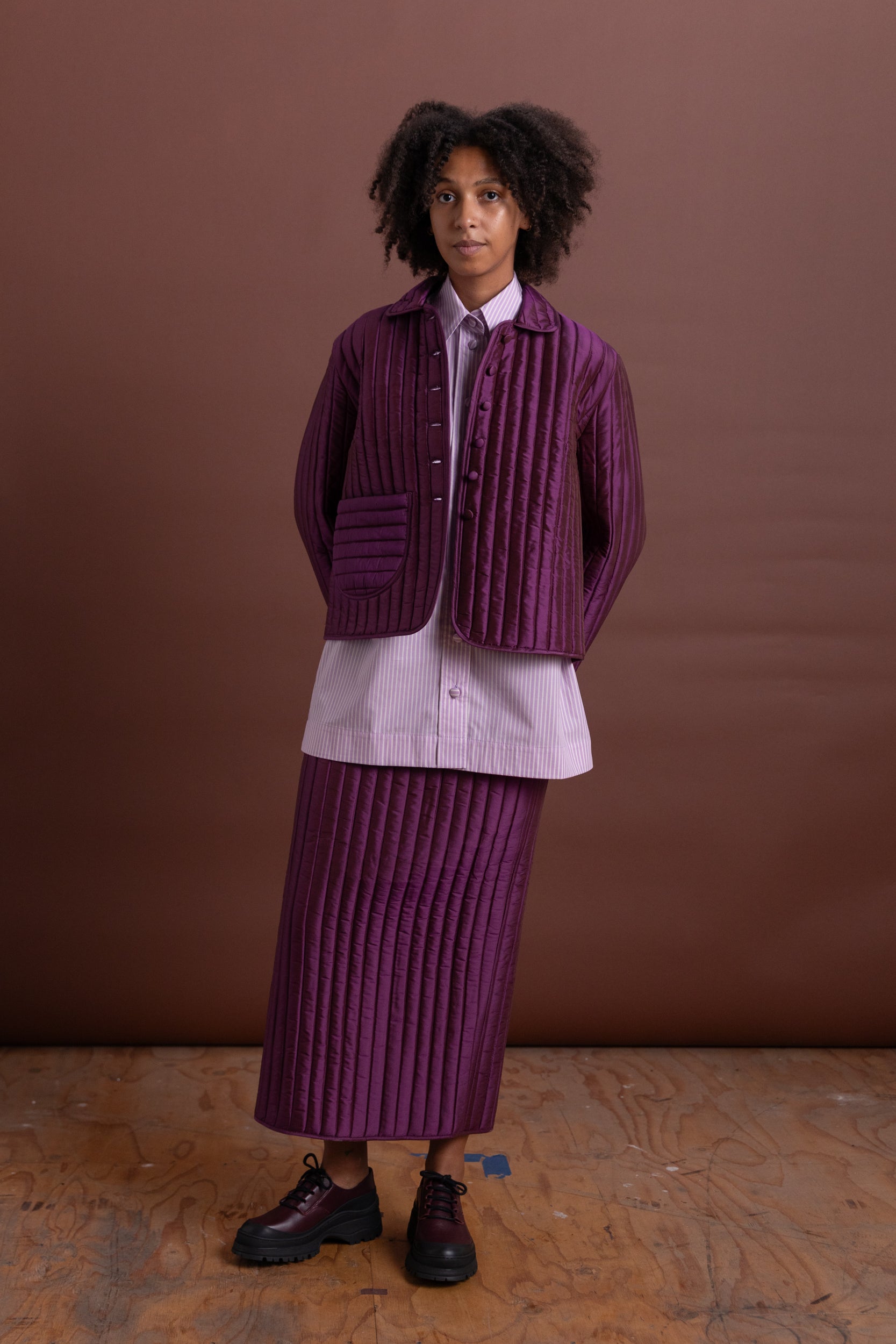 SADIE SKIRT IN PLUM QUILTED SILK