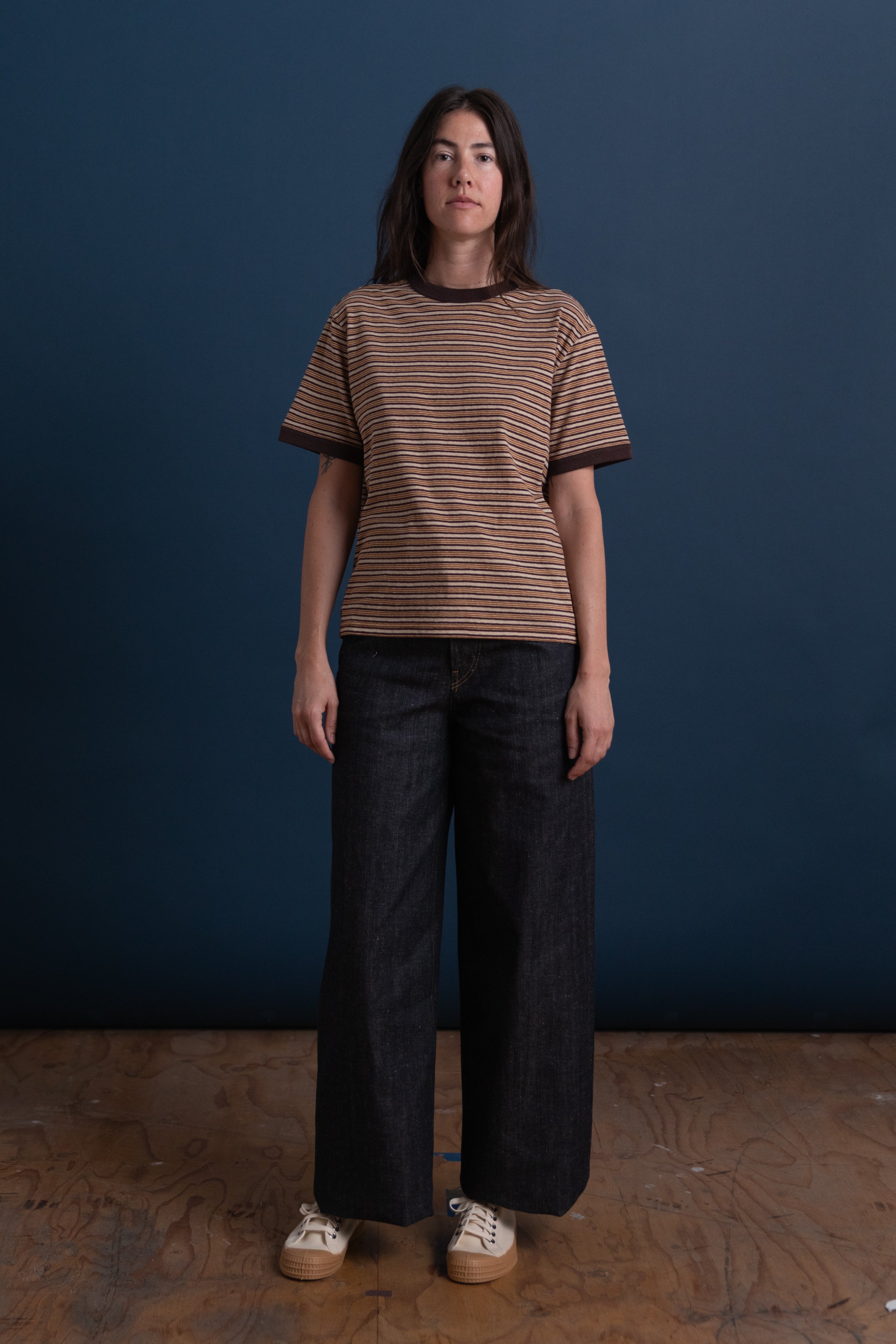 JAPANESE JERSEY SHORT SLEEVE T-SHIRT IN BROWN STRIPE