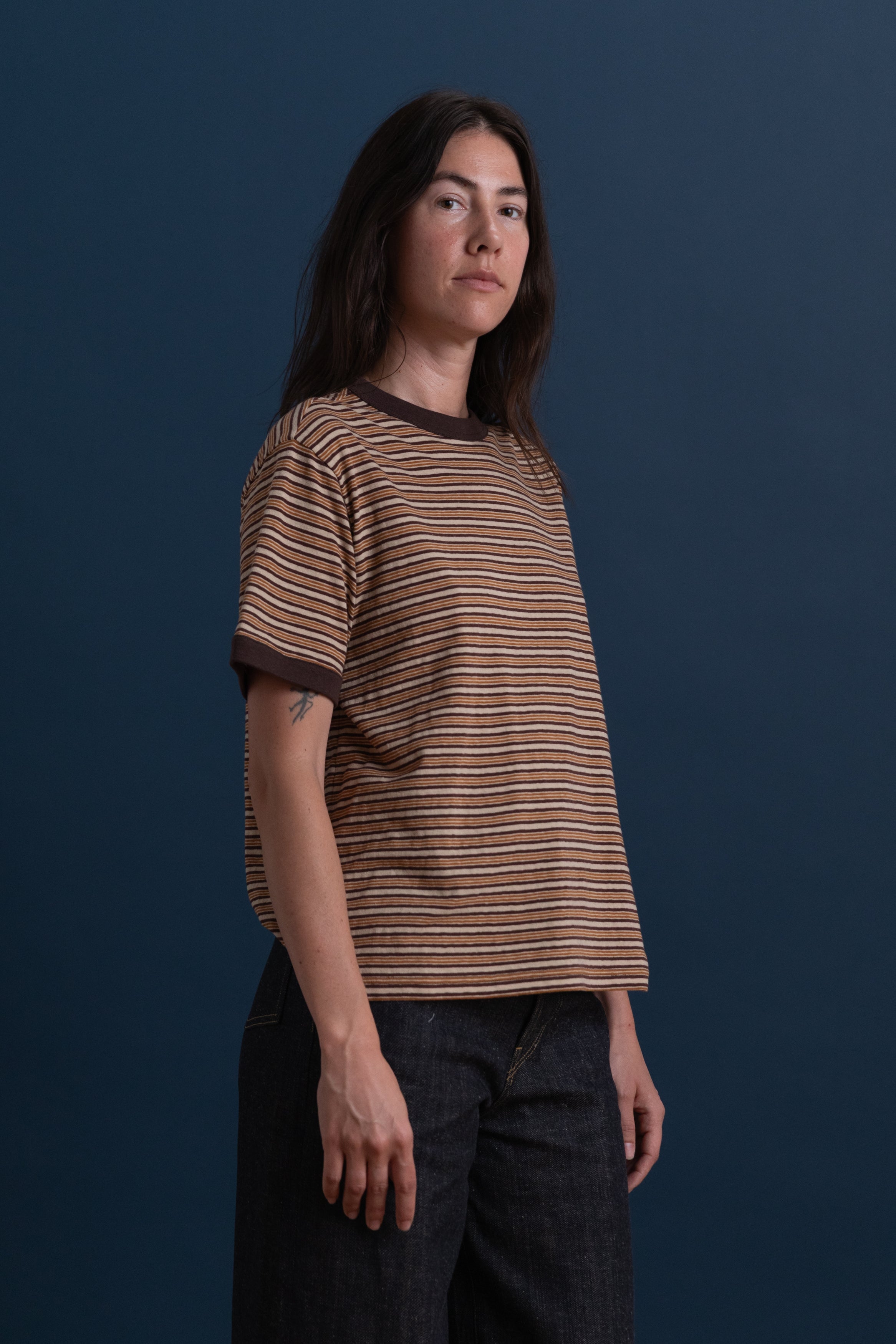 JAPANESE JERSEY SHORT SLEEVE T-SHIRT IN BROWN STRIPE