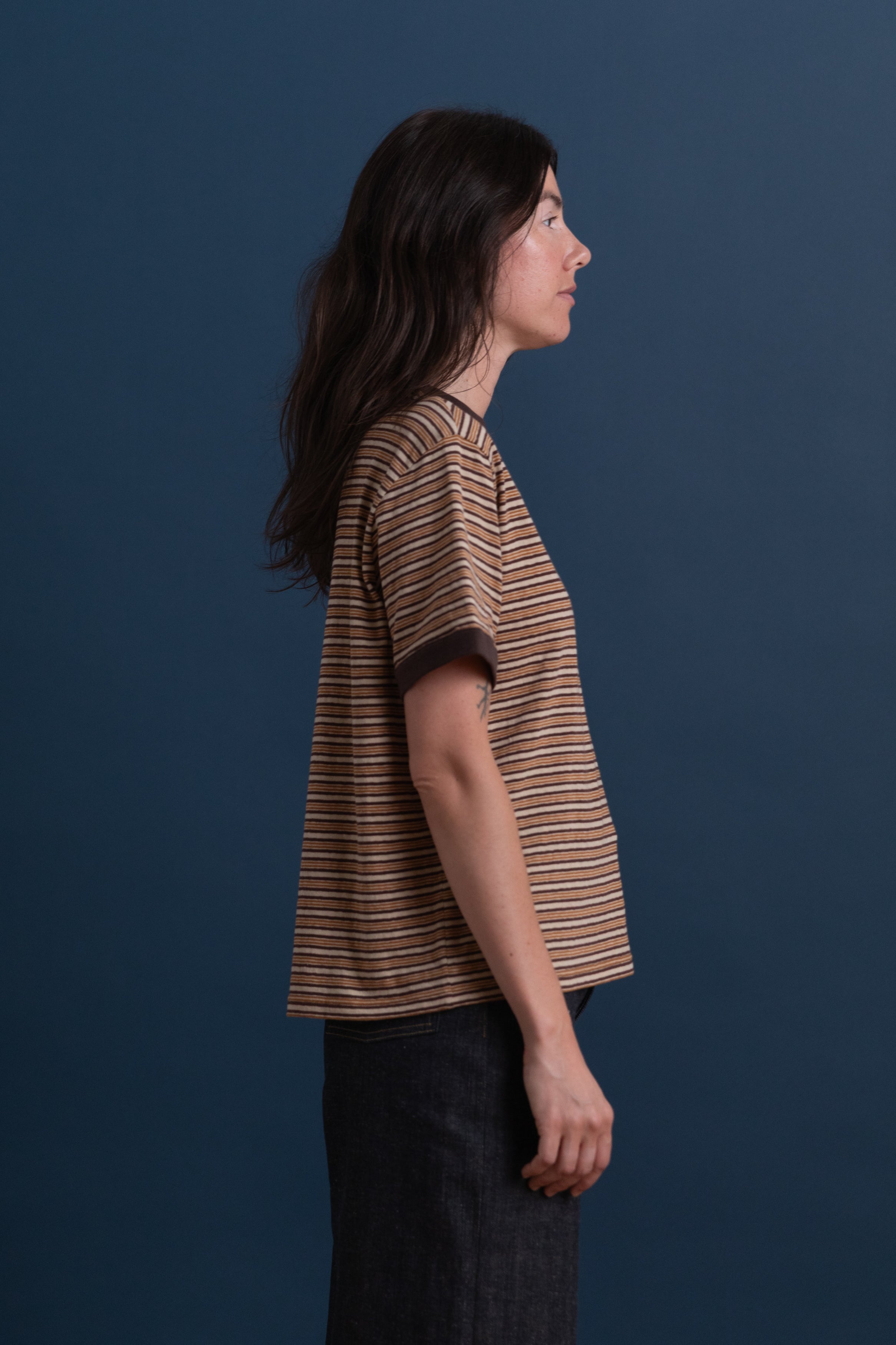 JAPANESE JERSEY SHORT SLEEVE T-SHIRT IN BROWN STRIPE