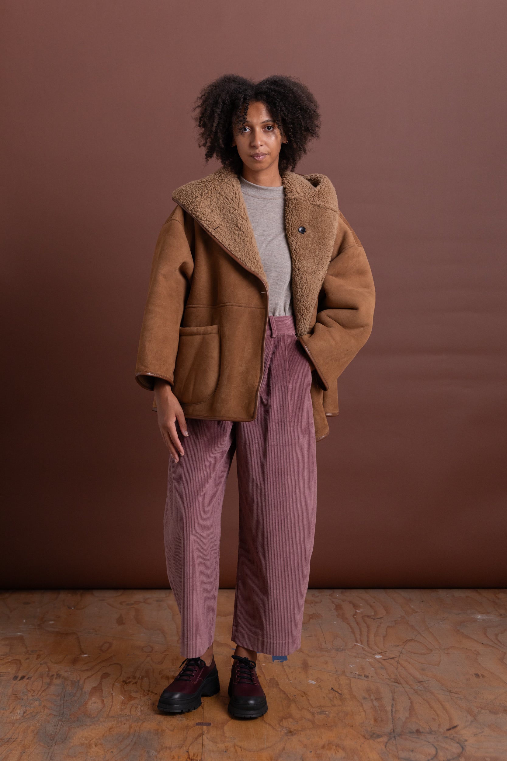 REVERSIBLE HOLLAND COAT IN TAN CURLY SUEDE SHEEPSKIN