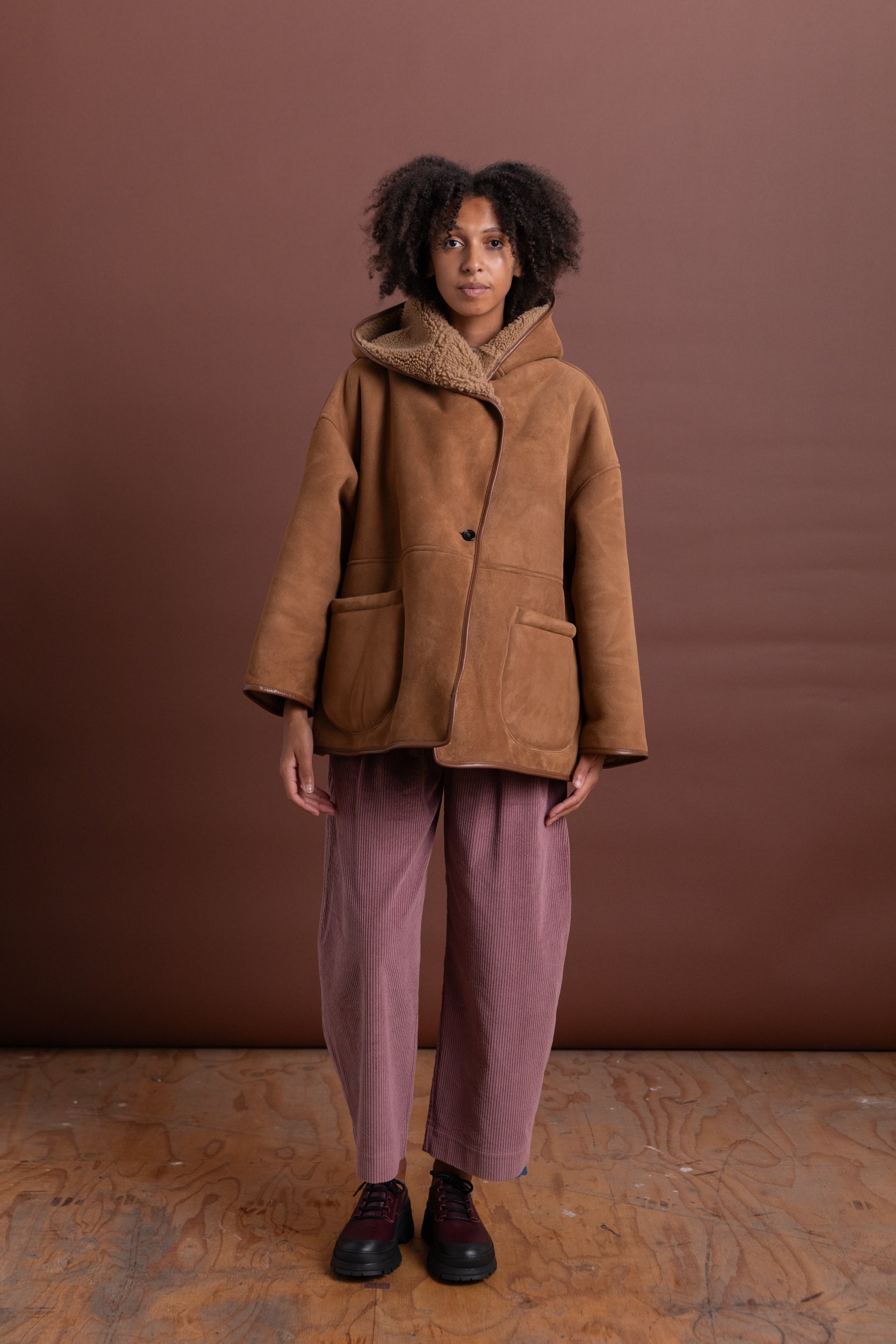 REVERSIBLE HOLLAND COAT IN TAN CURLY SUEDE SHEEPSKIN