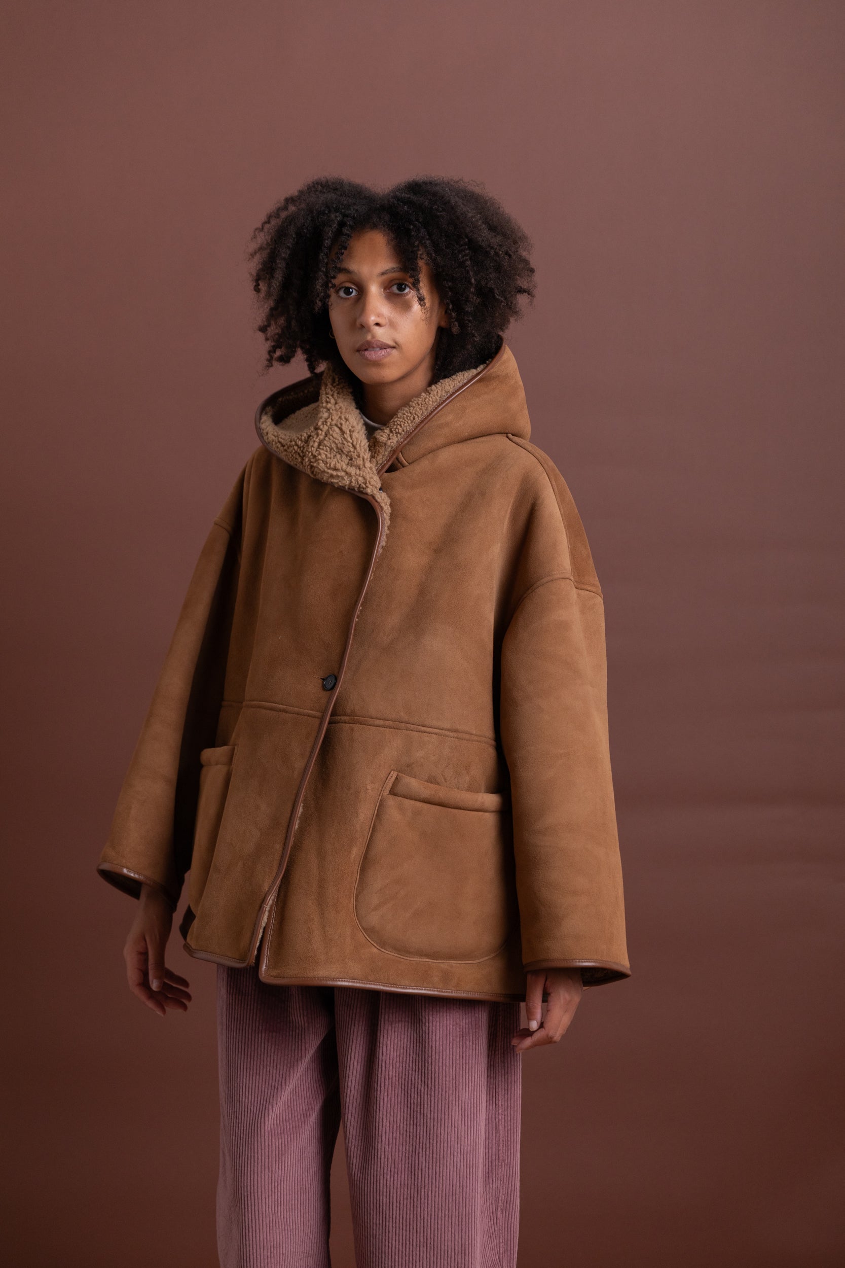 REVERSIBLE HOLLAND COAT IN TAN CURLY SUEDE SHEEPSKIN
