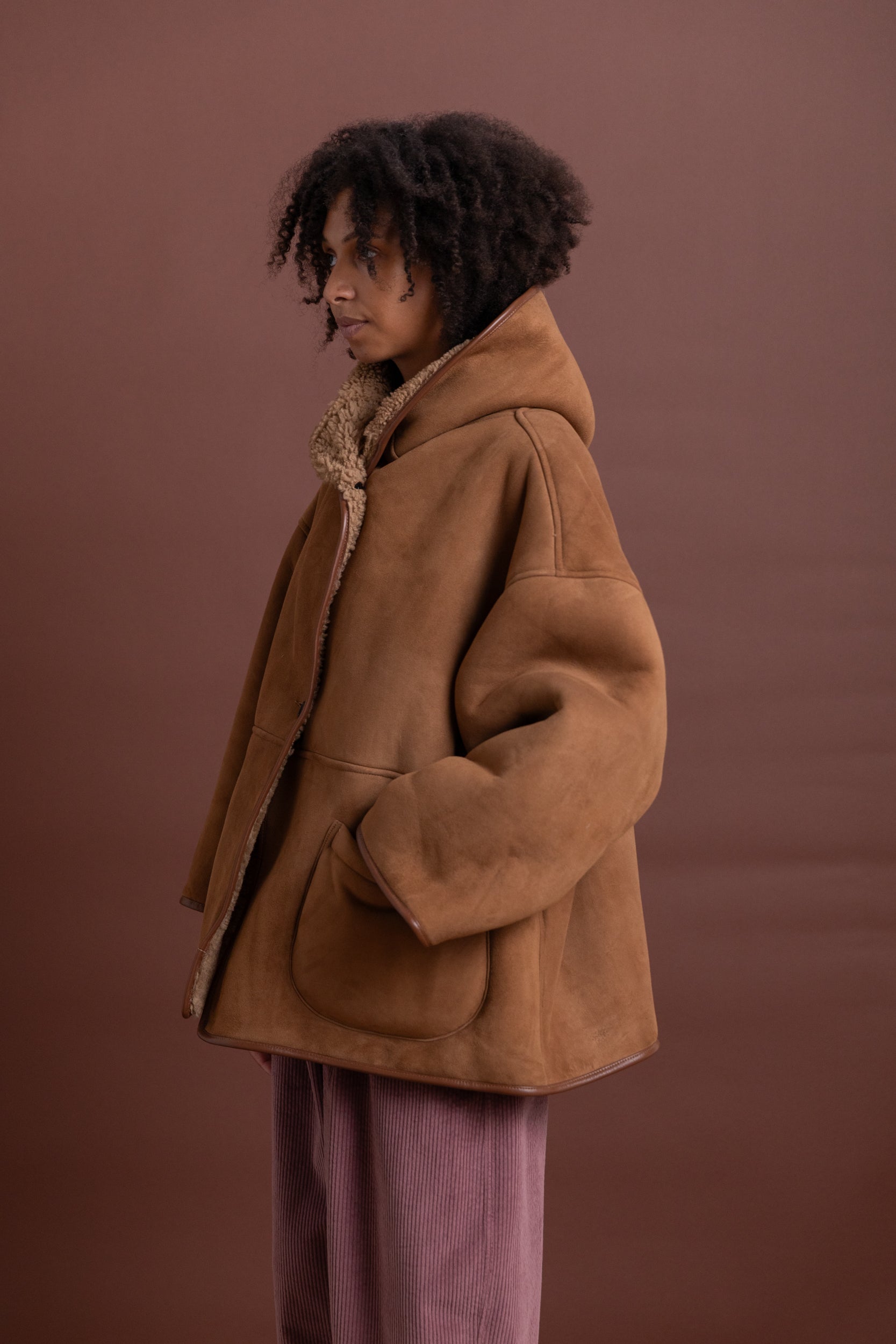 REVERSIBLE HOLLAND COAT IN TAN CURLY SUEDE SHEEPSKIN