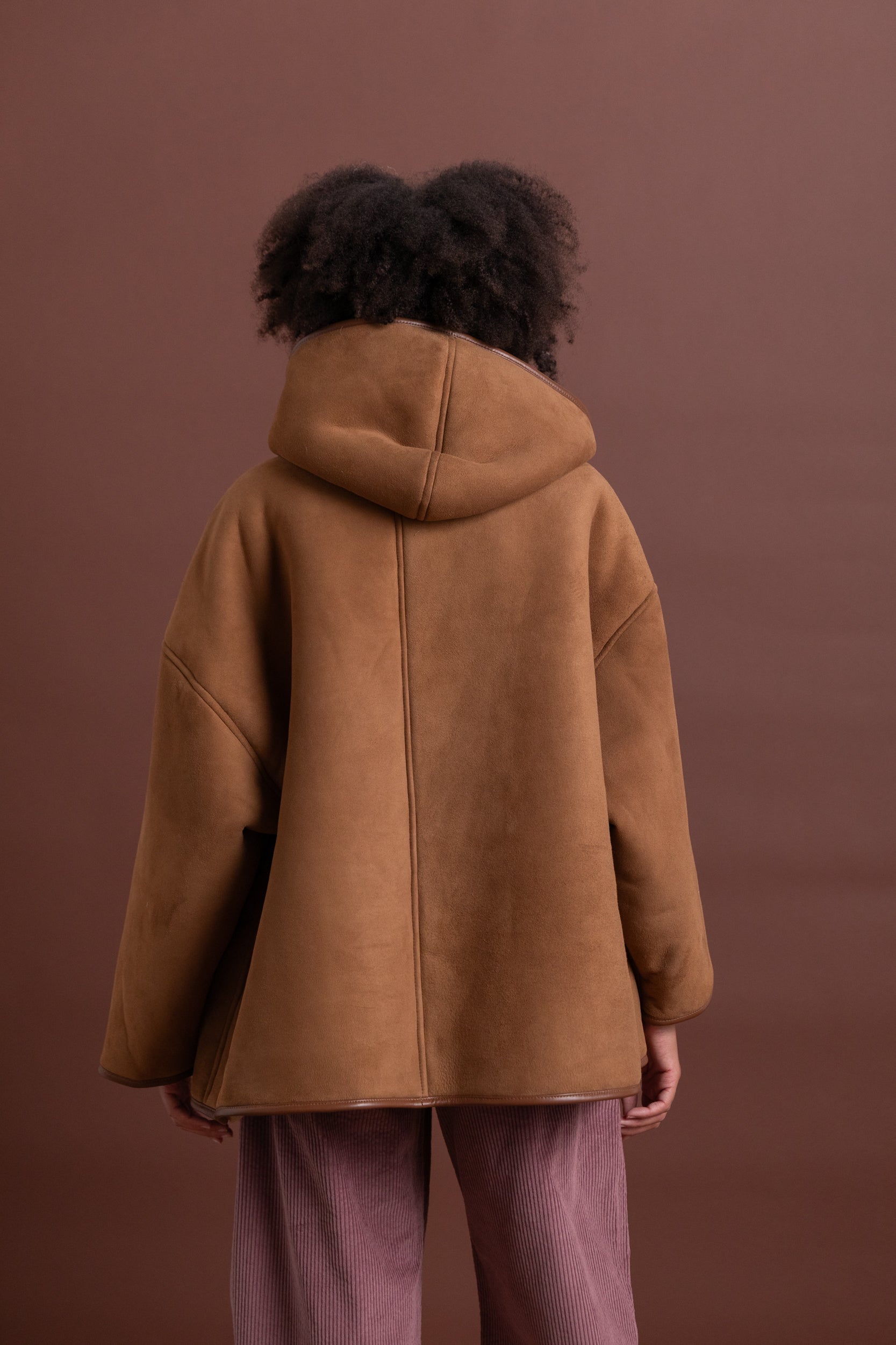REVERSIBLE HOLLAND COAT IN TAN CURLY SUEDE SHEEPSKIN