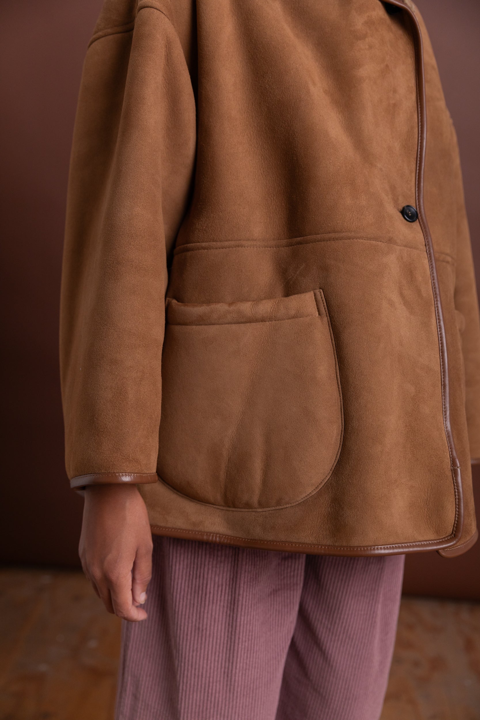 REVERSIBLE HOLLAND COAT IN TAN CURLY SUEDE SHEEPSKIN