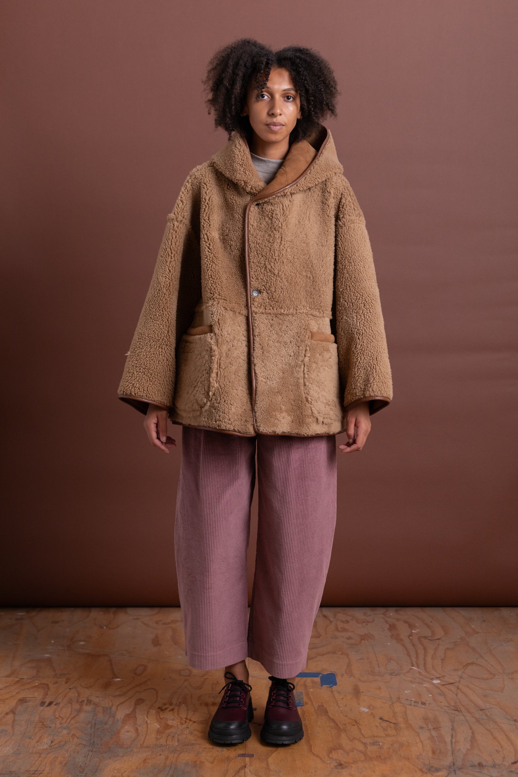 REVERSIBLE HOLLAND COAT IN TAN CURLY SUEDE SHEEPSKIN