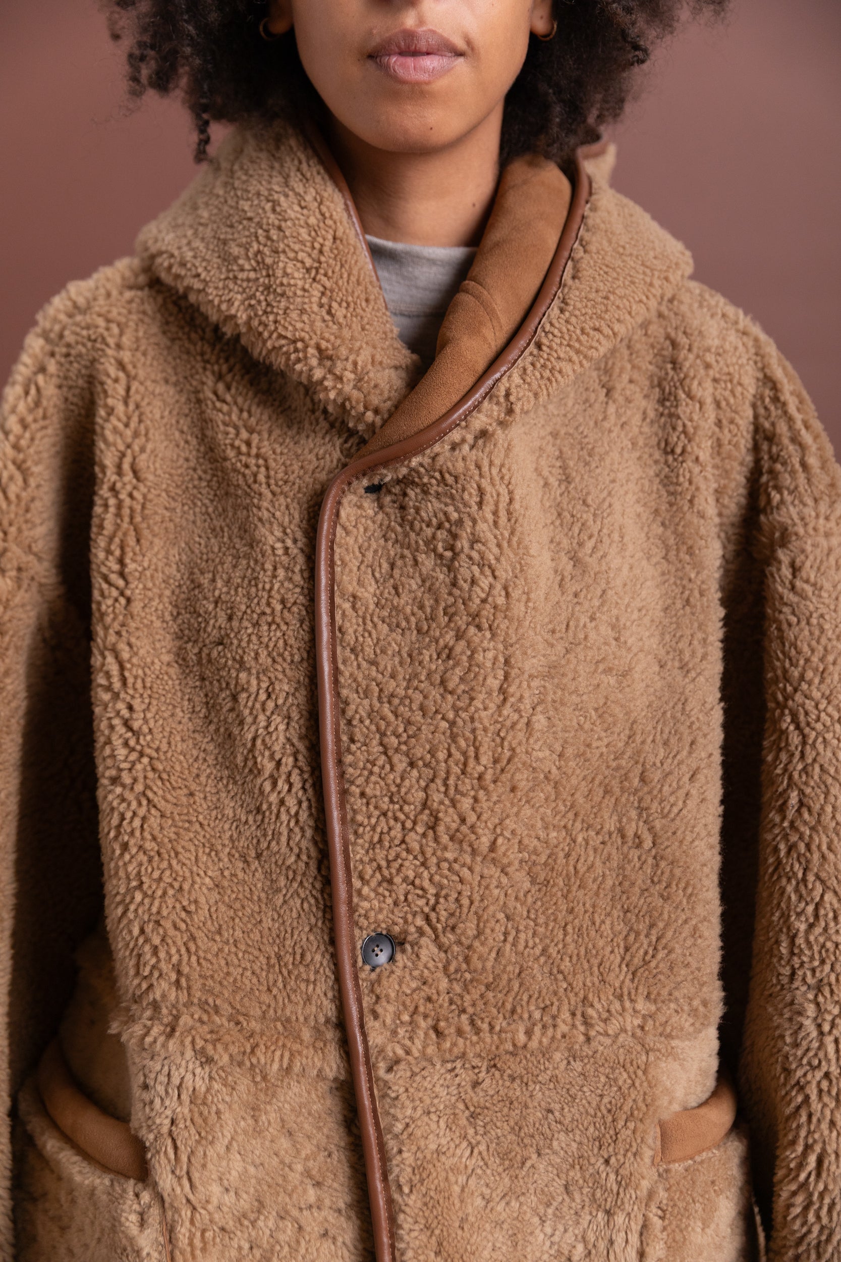 REVERSIBLE HOLLAND COAT IN TAN CURLY SUEDE SHEEPSKIN