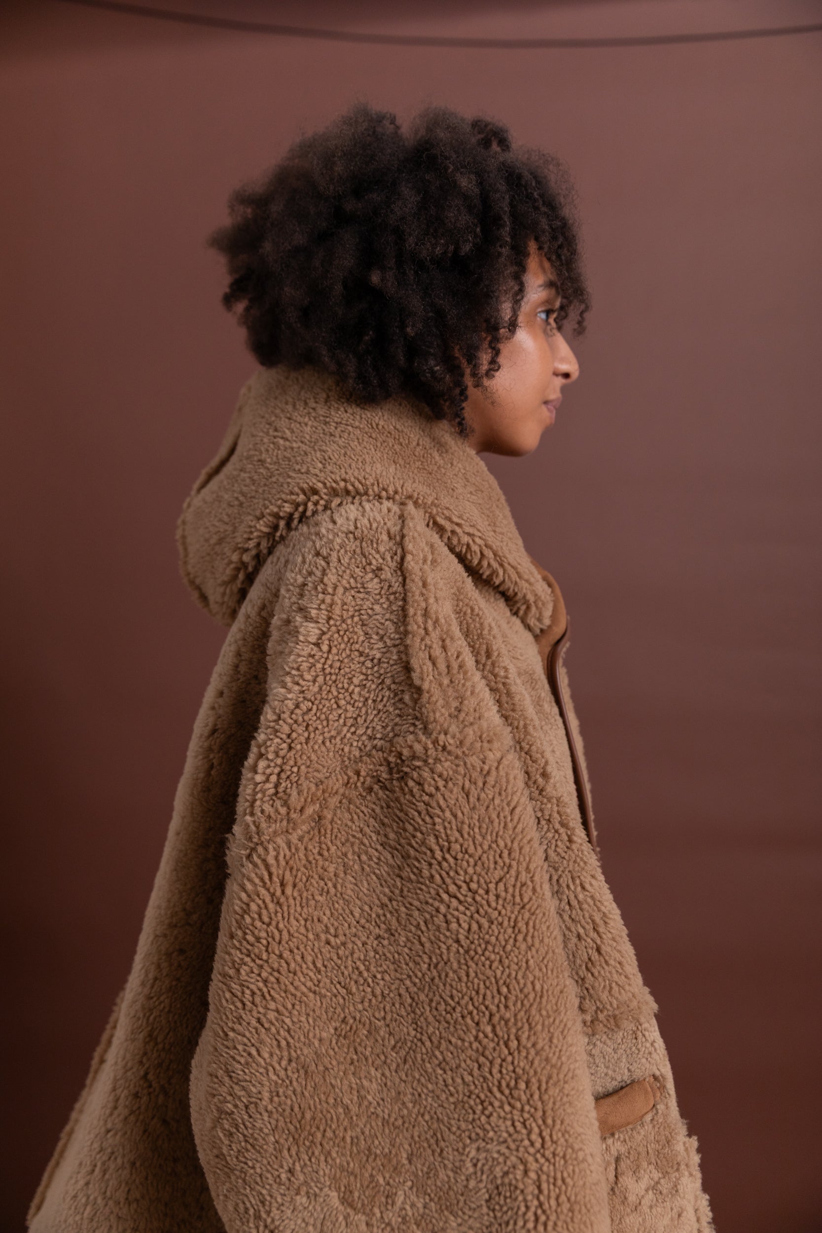 REVERSIBLE HOLLAND COAT IN TAN CURLY SUEDE SHEEPSKIN