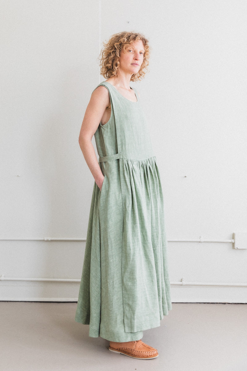 APRON DRESS IN SAGE LINEN