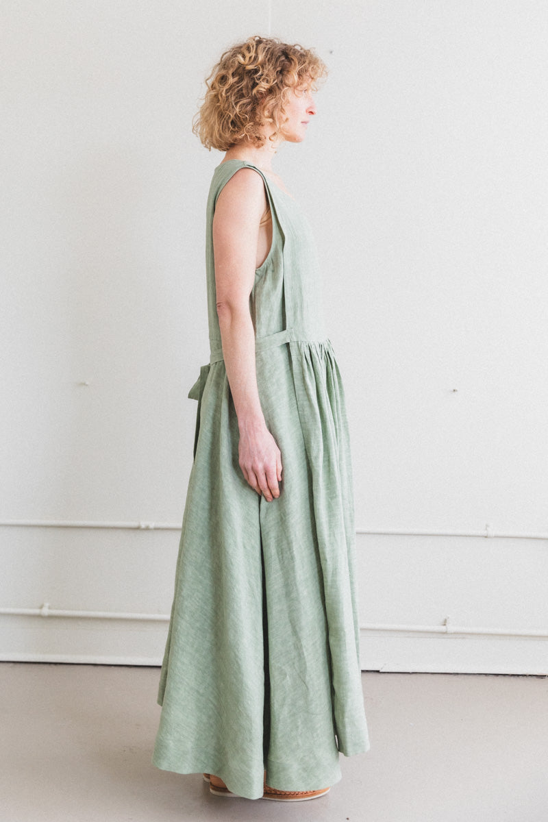 APRON DRESS IN SAGE LINEN