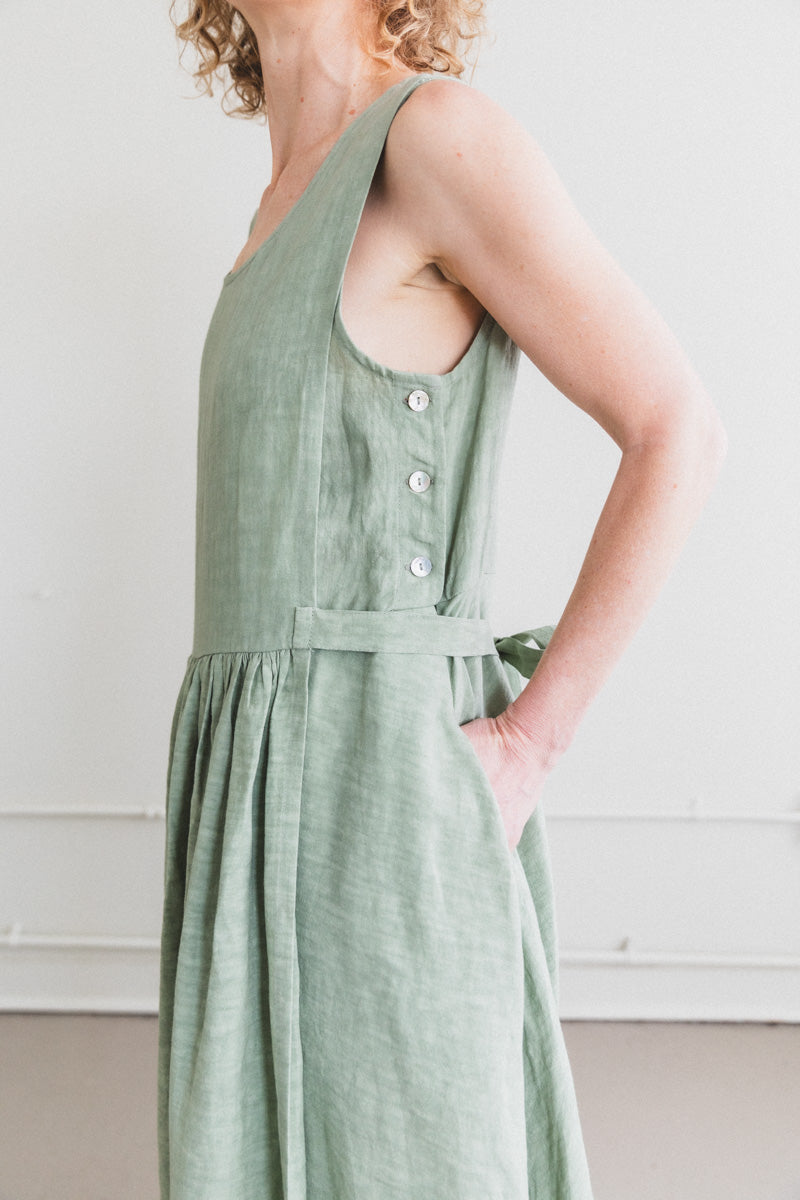APRON DRESS IN SAGE LINEN