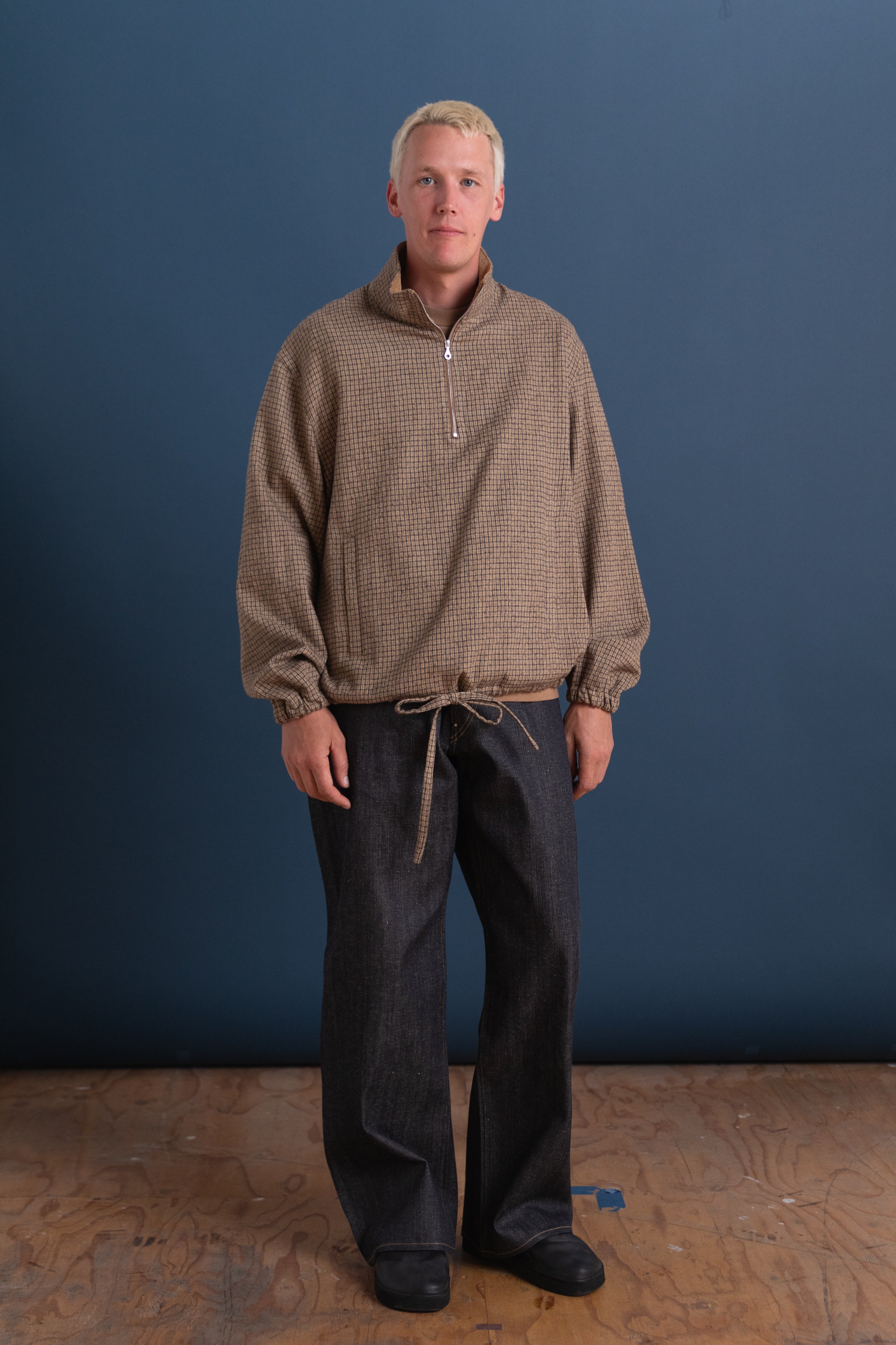 MILES PULLOVER IN BROWN CHECK JAPANESE COTTON/WOOL