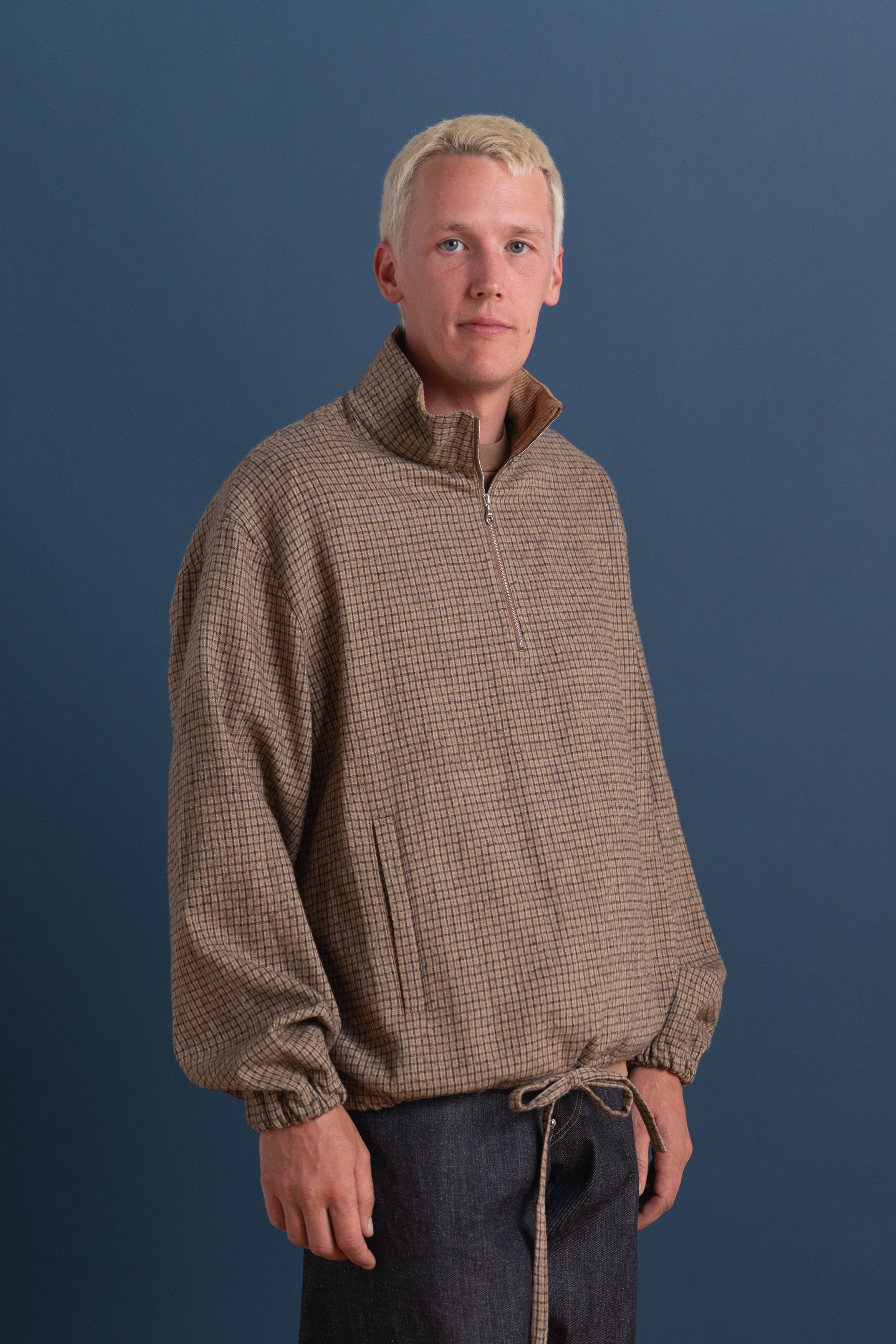 MILES PULLOVER IN BROWN CHECK JAPANESE COTTON/WOOL