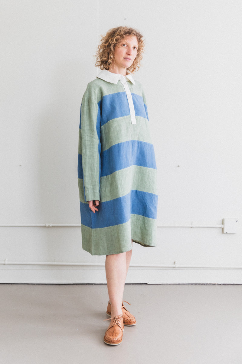 RUGBY DRESS IN WASHED BLUE AND SAGE LINEN