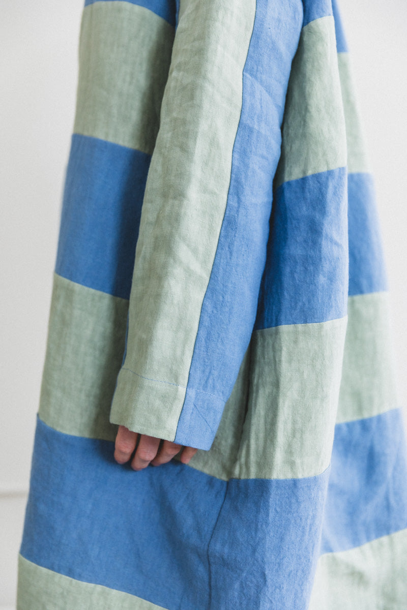 RUGBY DRESS IN WASHED BLUE AND SAGE LINEN