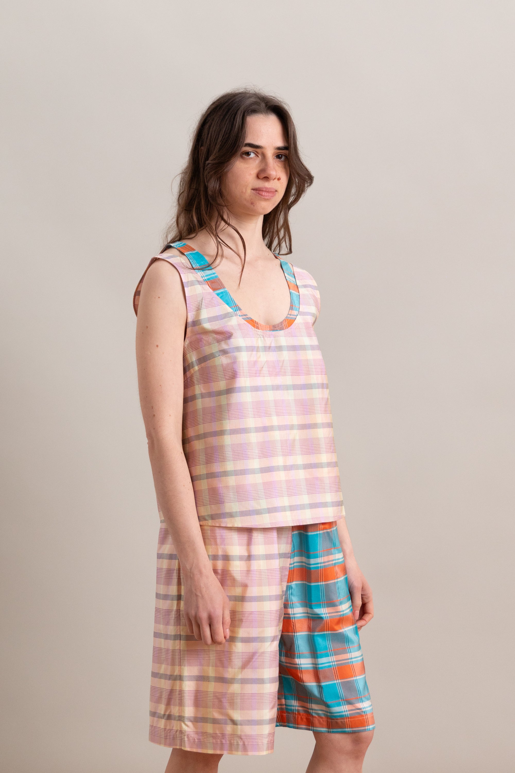 DUO TANK IN MIXED PLAIDS SILK TAFFETA
