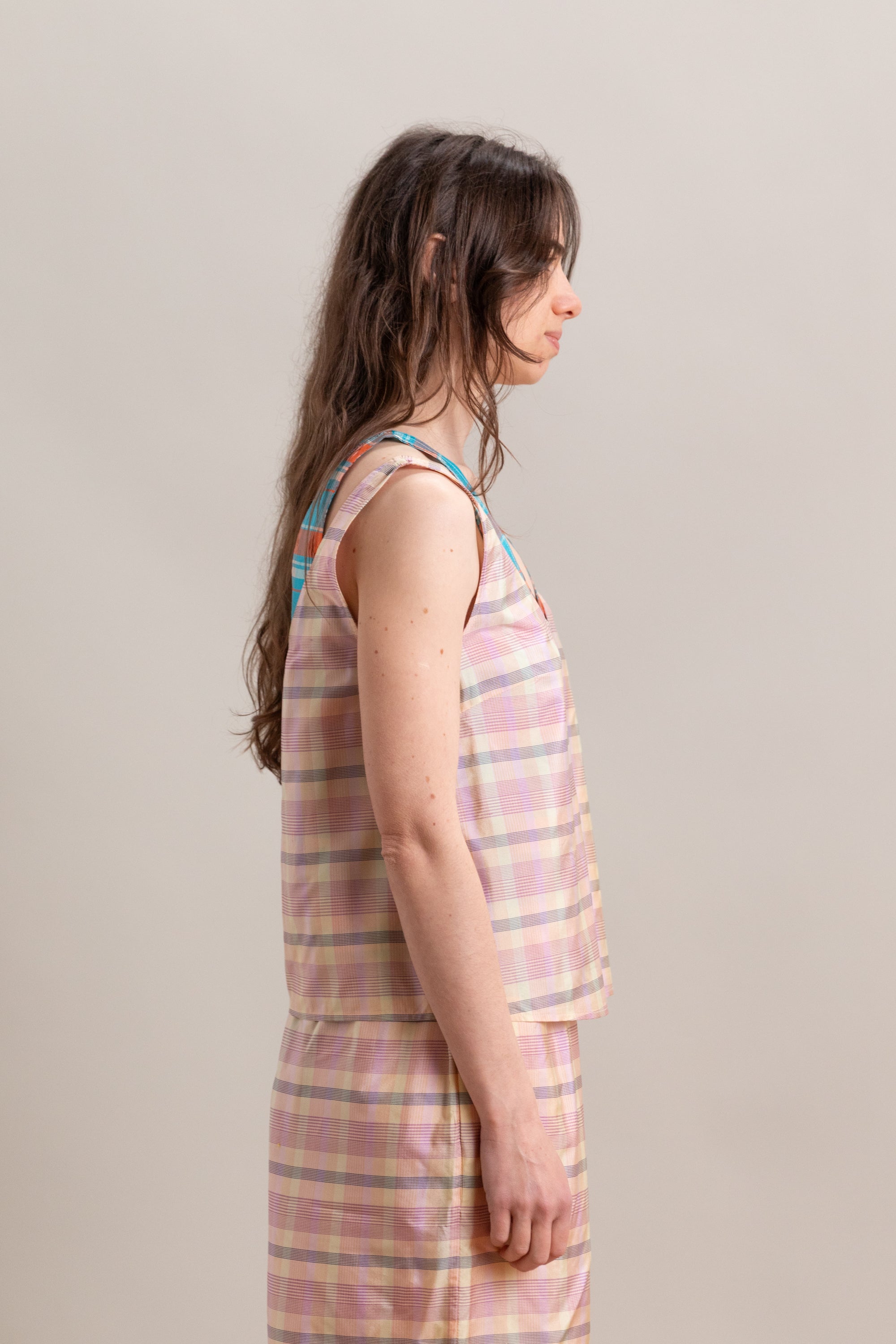 DUO TANK IN MIXED PLAIDS SILK TAFFETA