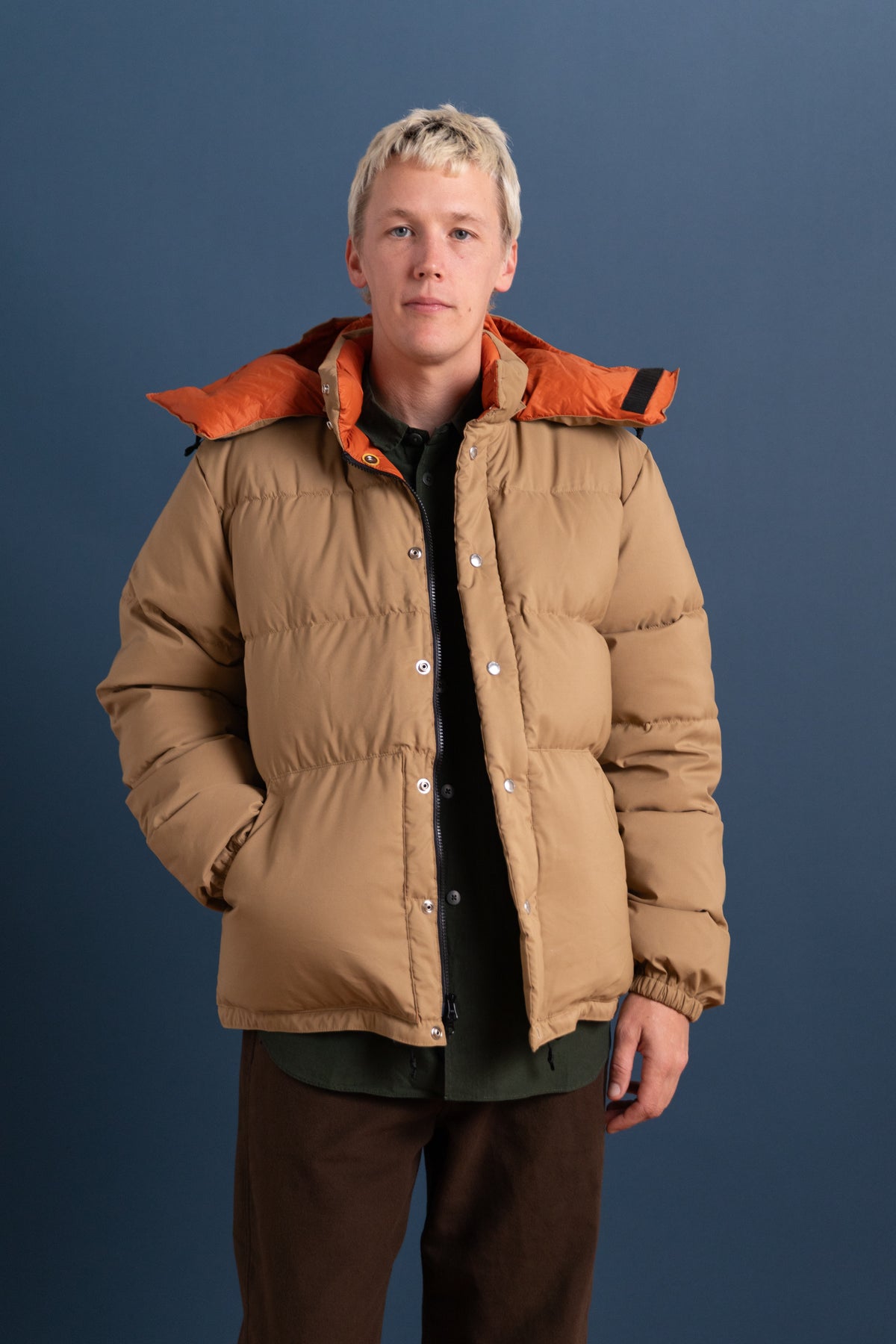 DOWN SWEATER IN TAN AND RUST 60/40 COTTON/NYLON