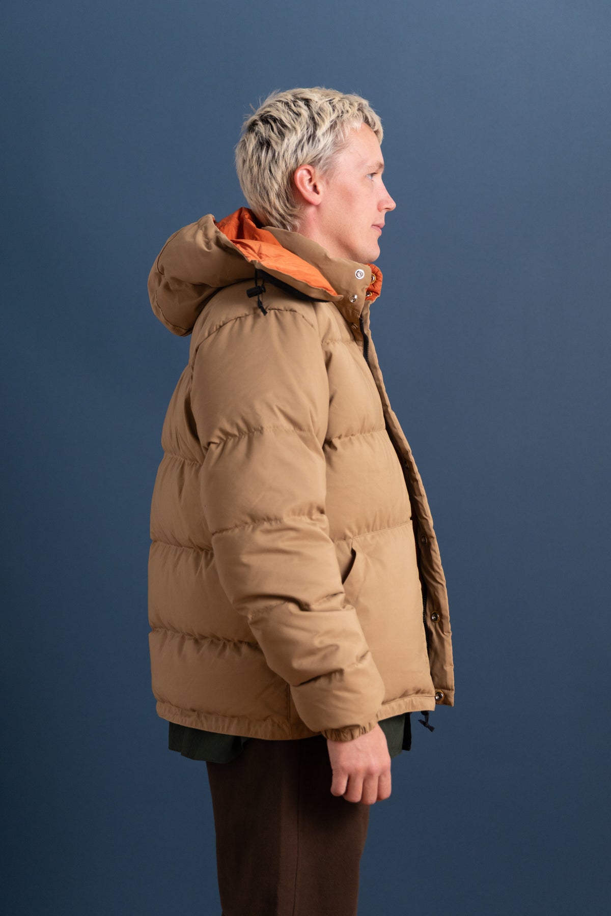 DOWN SWEATER IN TAN AND RUST 60/40 COTTON/NYLON