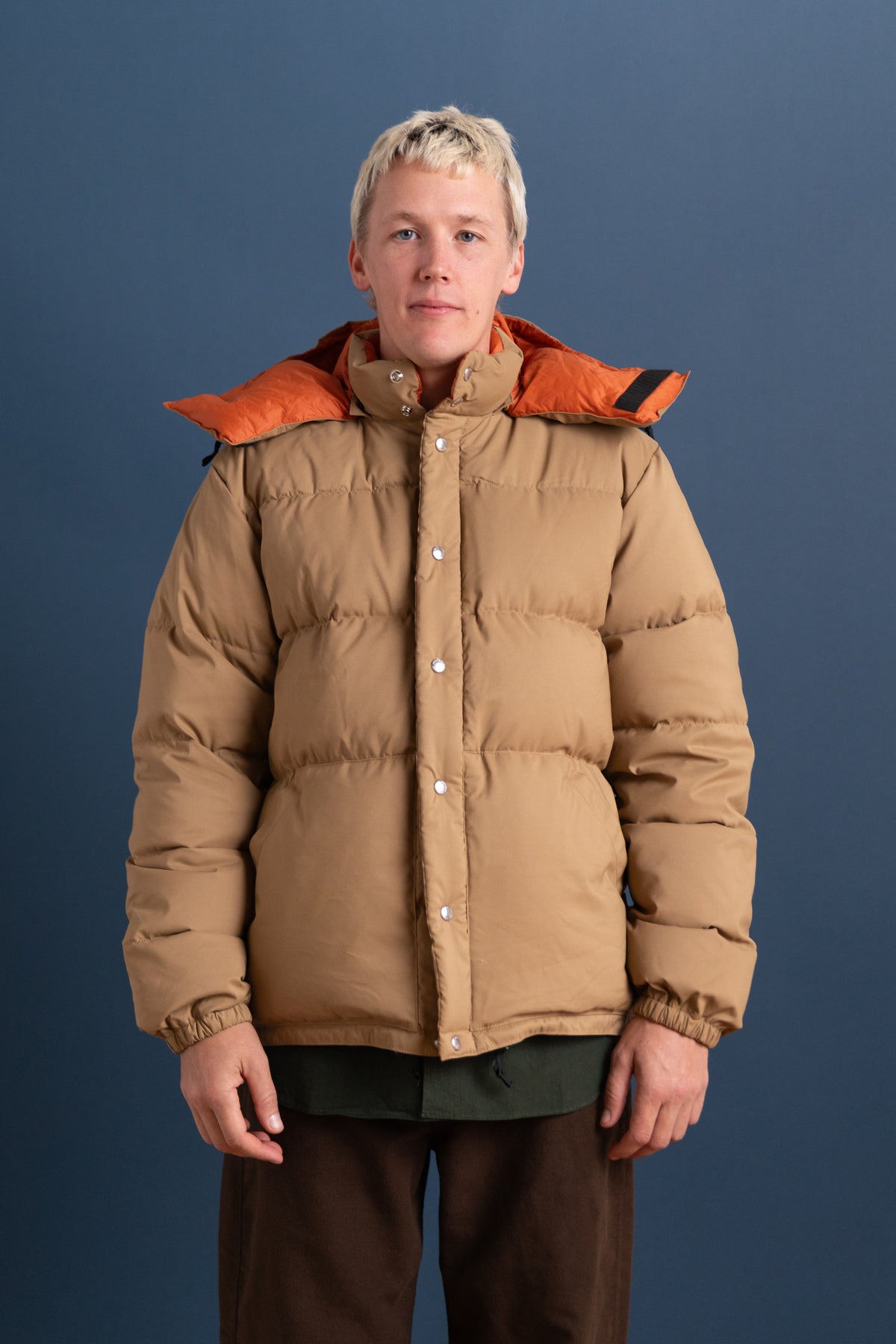 DOWN SWEATER IN TAN AND RUST 60/40 COTTON/NYLON