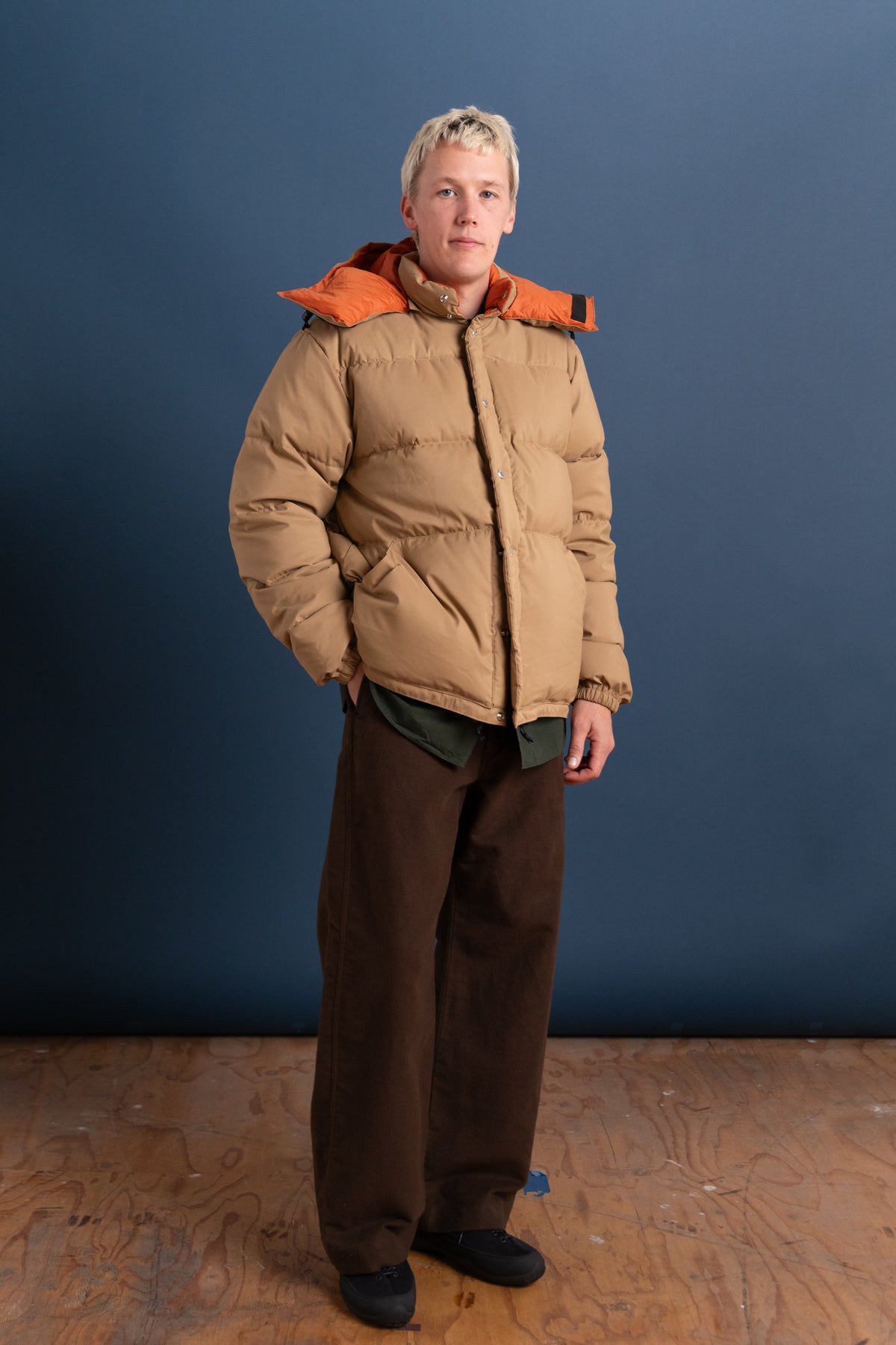 DOWN SWEATER IN TAN AND RUST 60/40 COTTON/NYLON