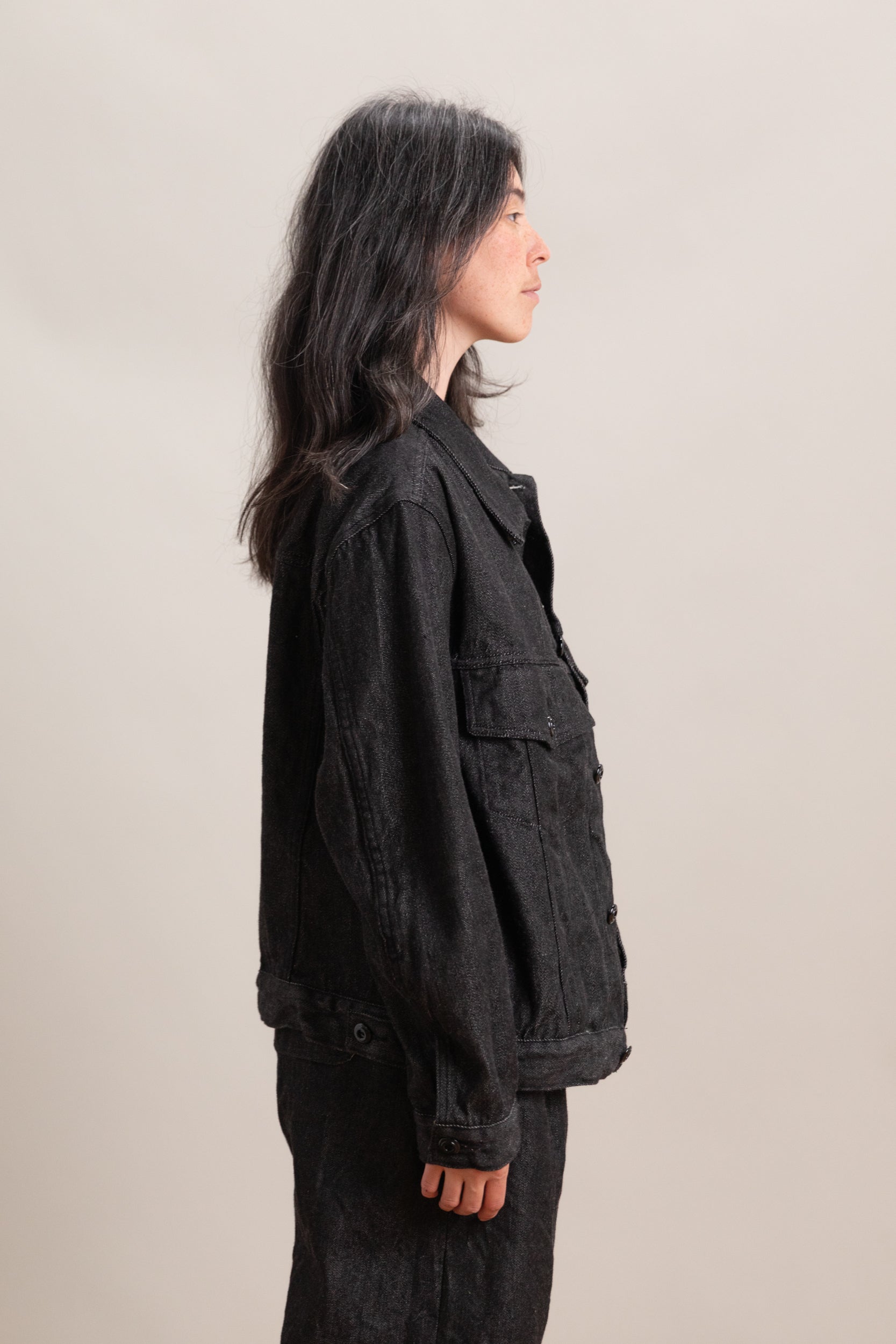 EASY TRUCKER IN BLACK WARP WOOL-CORE SELVEDGE