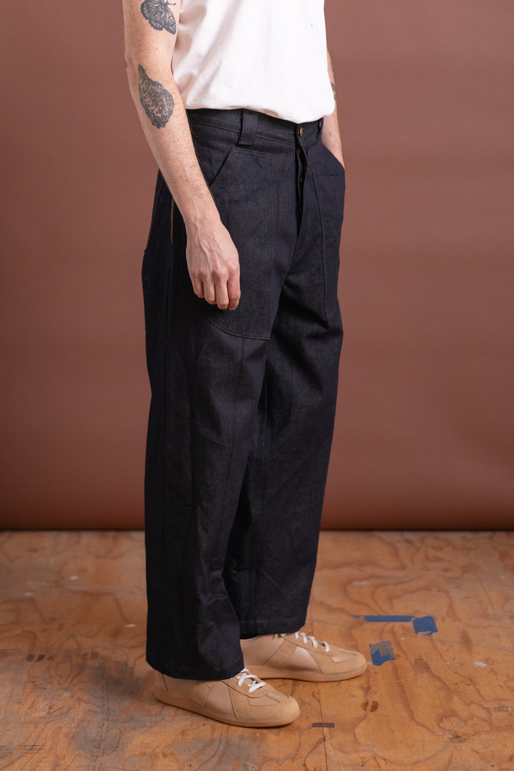 BAKER PANT IN INDIGO AND BROWN DENIM