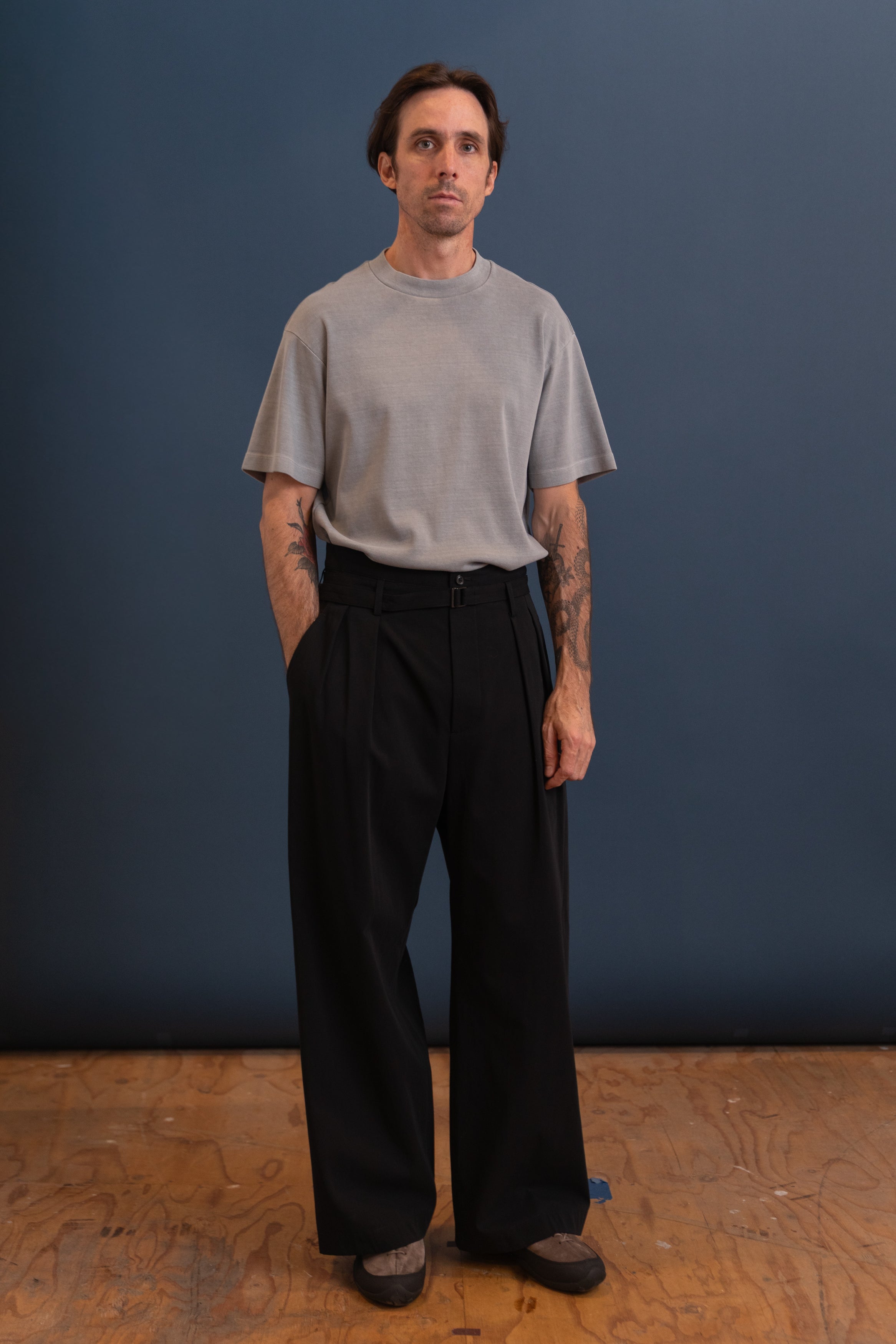 BELTED HIGH WAIST BAGGY PANTS IN BLACK COTTON