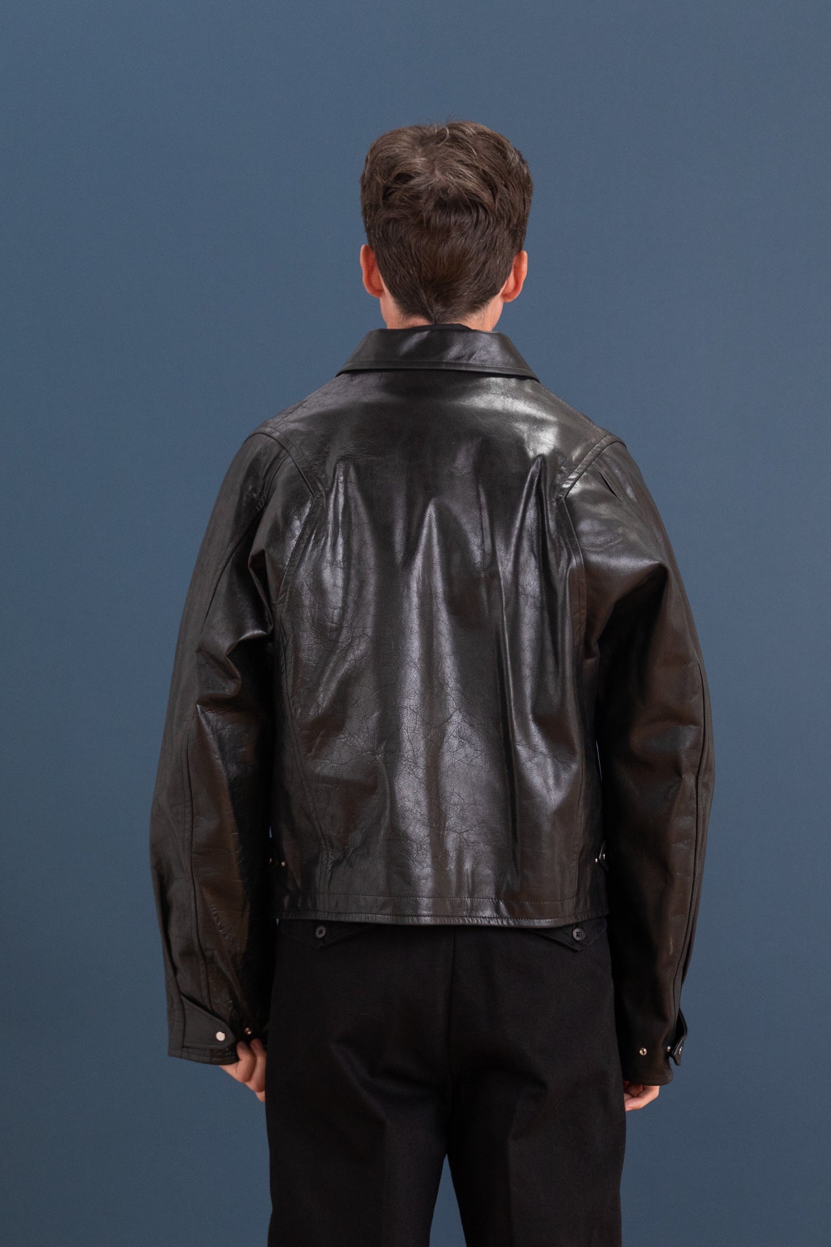 MODIFIED SLEEVE MOTOR JACKET IN BLACK LEATHER