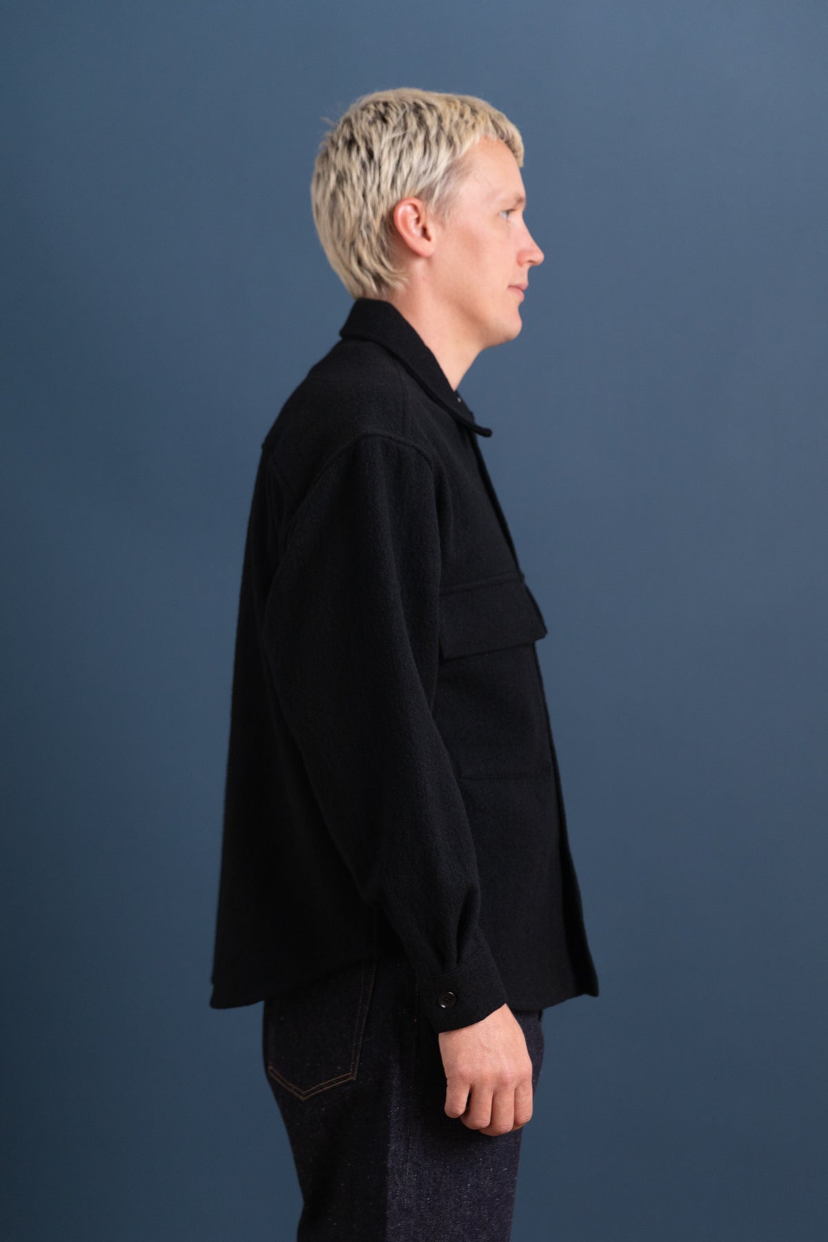 DOUBLE POCKET OVERSHIRT IN BLACK PIECE DYED WOOL TWILL