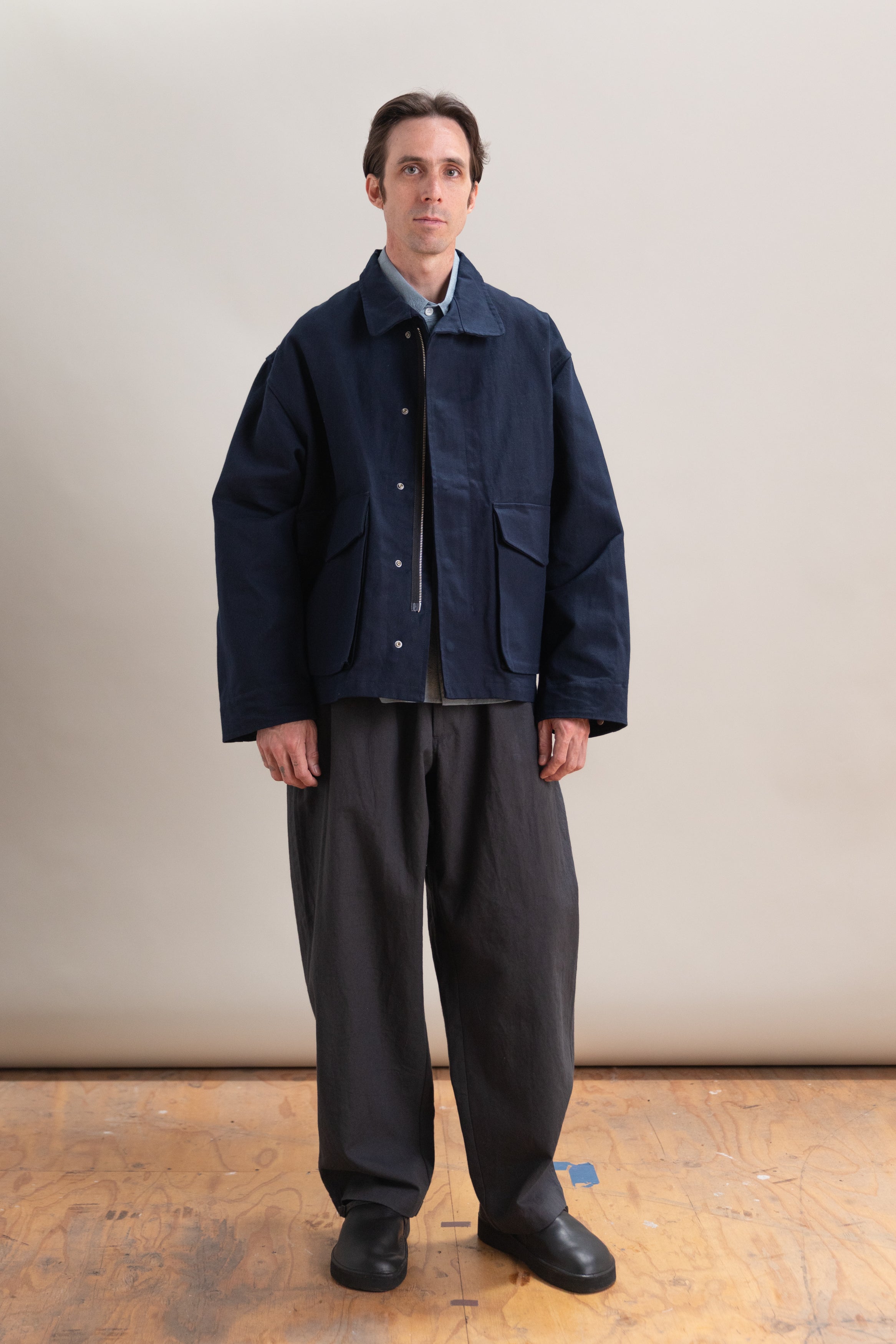 SIX JACKET IN NAVY WAXED COTTON/WASHI OXFORD CLOTH