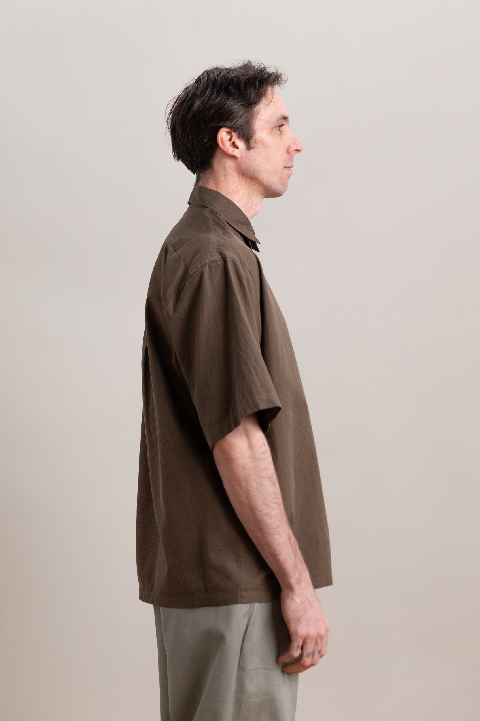 PLAIN SHORT SLEEVE SHIRT IN BROWN COTTON SILK STRIPE