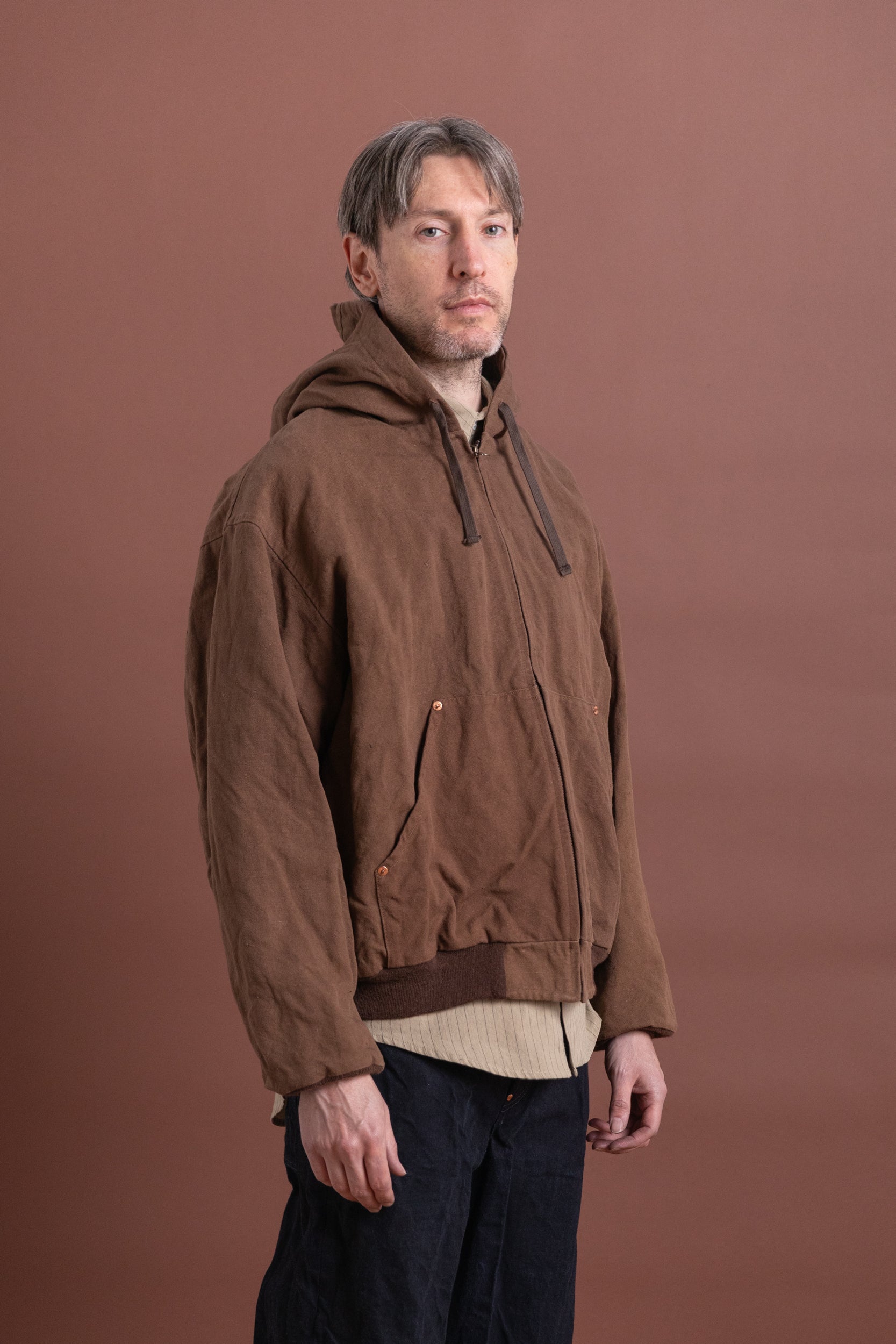 COTTON HEMP HOODY JACKET IN KAKISHIBU