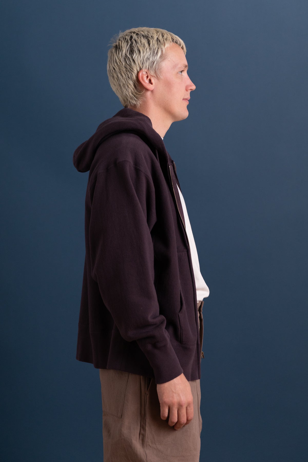 FRONT ZIP HOODIE IN BROWN VIOLET LOOP WHEEL TERRY