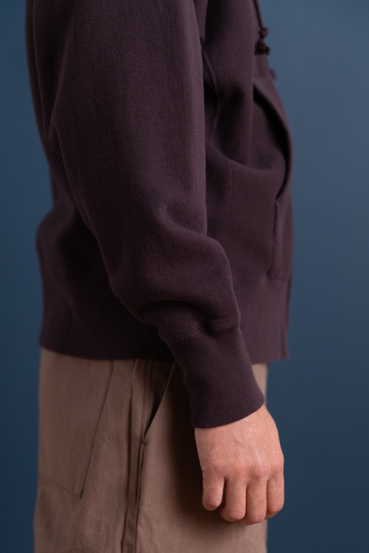 FRONT ZIP HOODIE IN BROWN VIOLET LOOP WHEEL TERRY