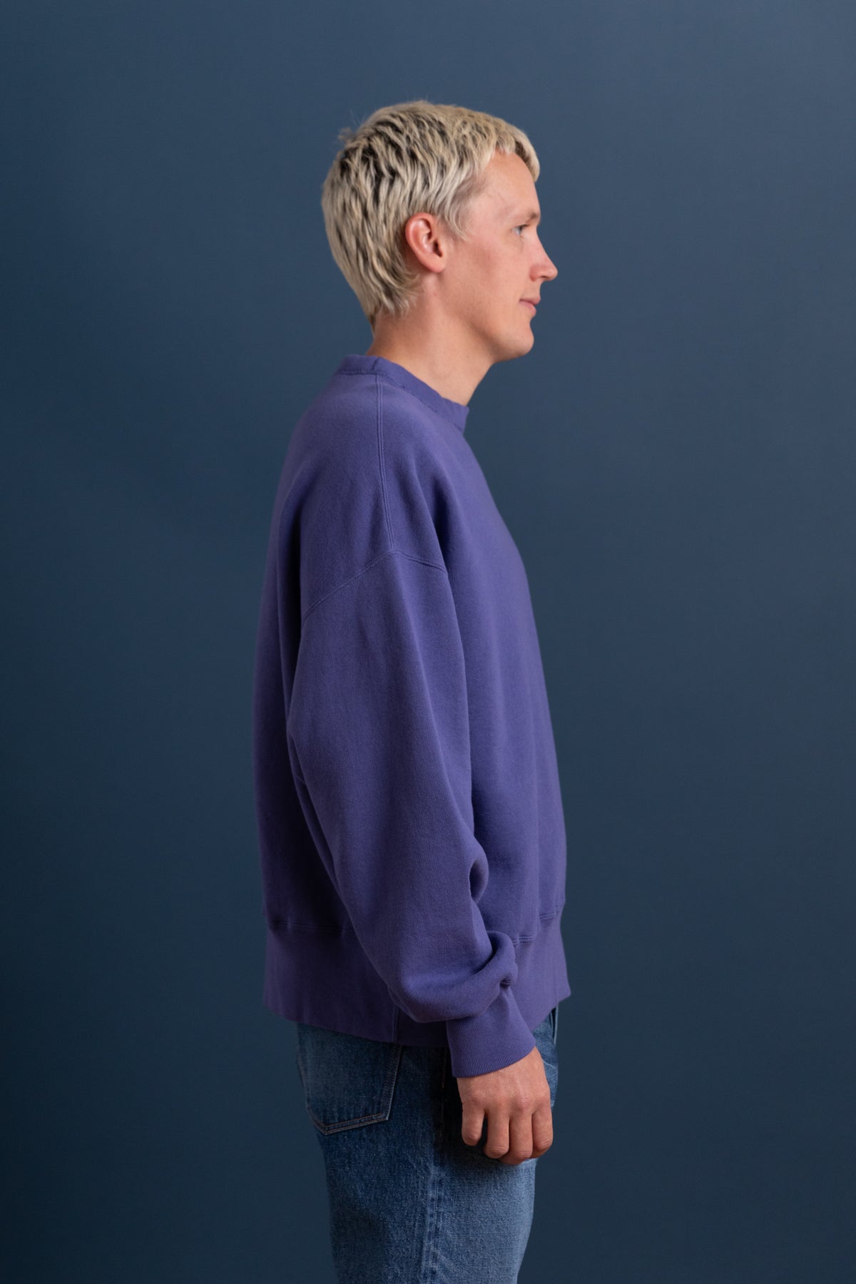 DOUBLE V PULLOVER IN FADED BLUE LOOP WHEEL TERRY