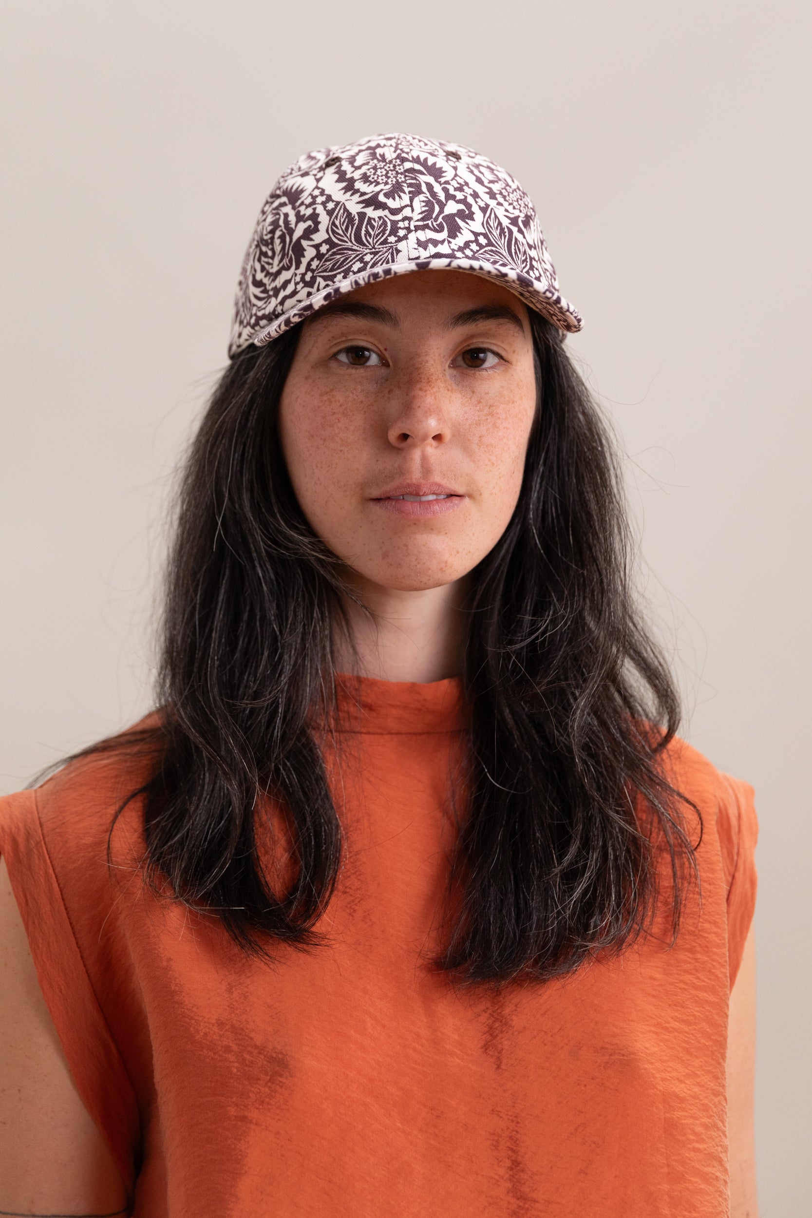 BROWN AND OFF WHITE FLORAL COTTON CANVAS CAP