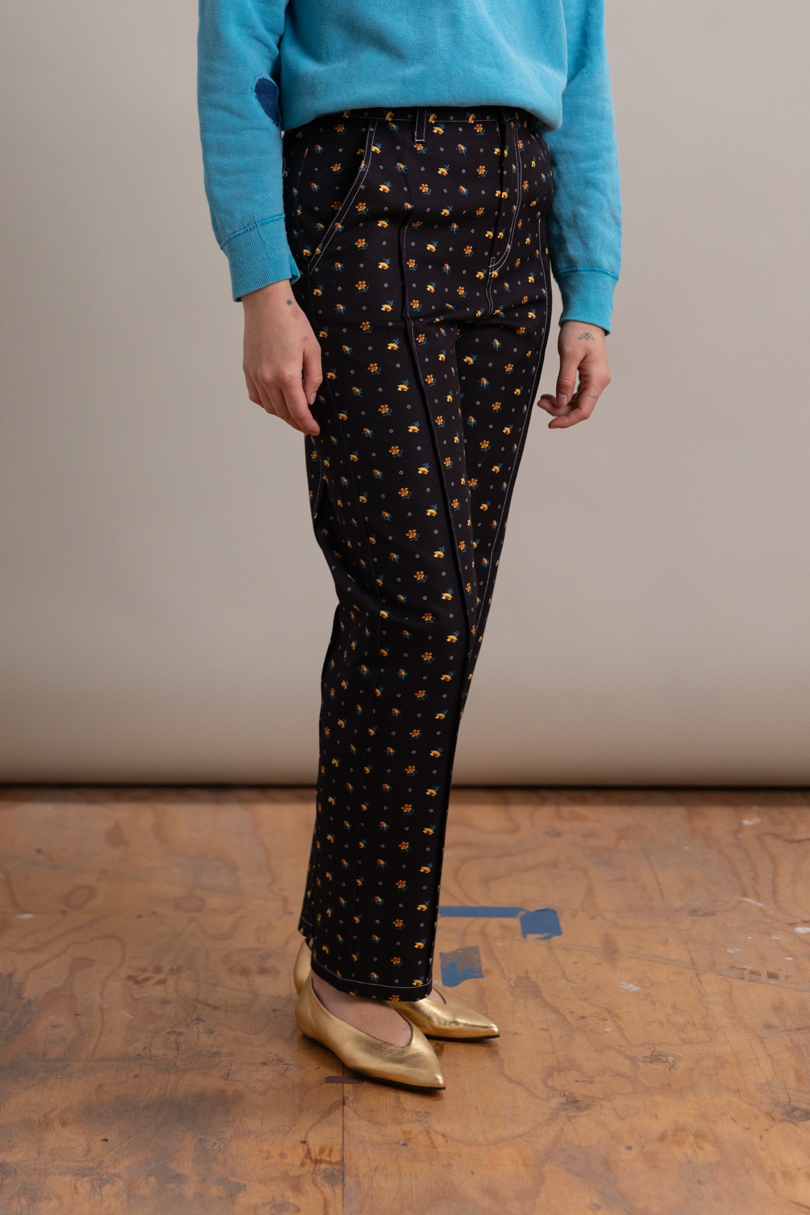 FLORAL CANVAS PINTUCK PANTS