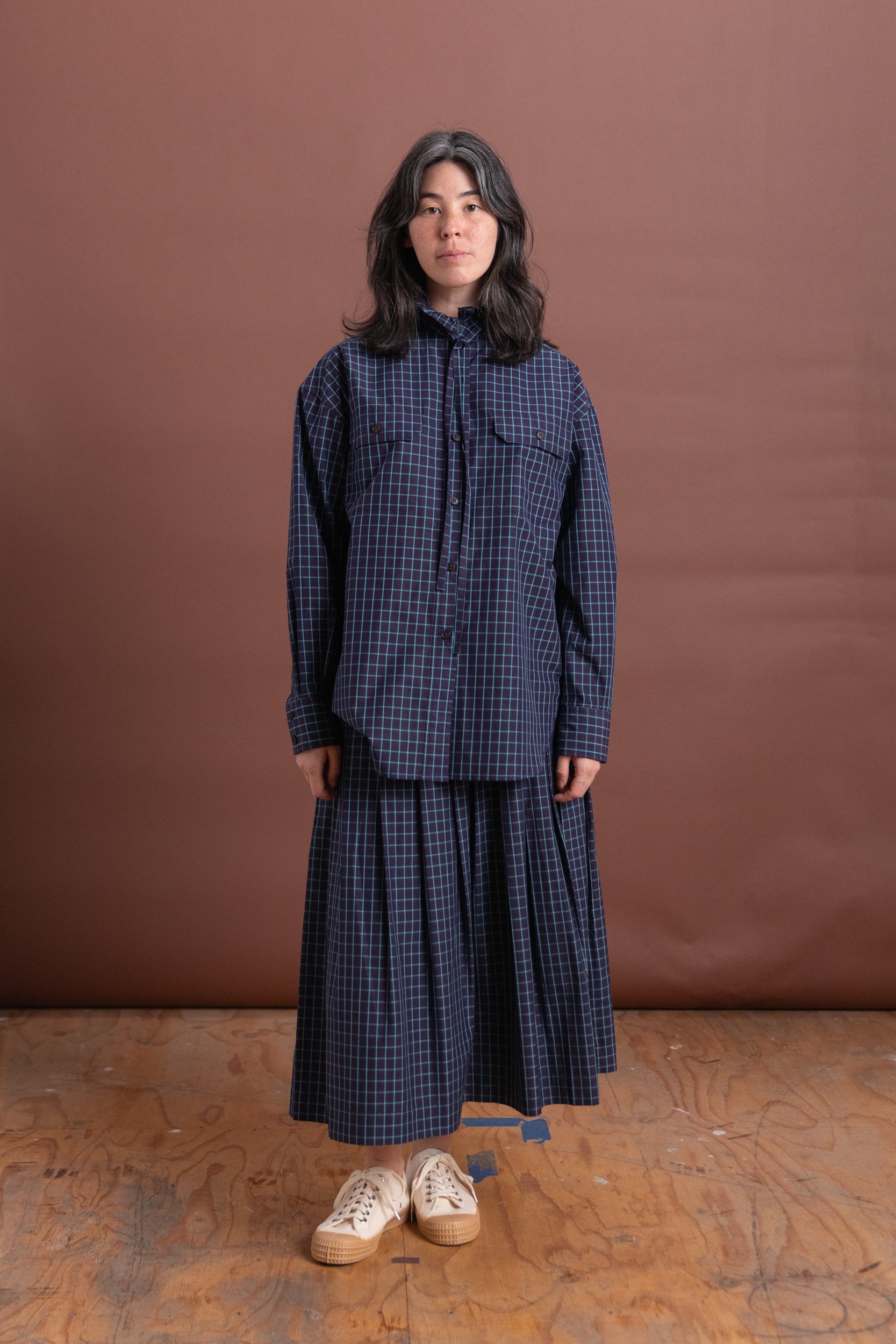 OVERSIZED RUFFLE NECK TOP IN ITALIAN WINDOWPANE COTTON