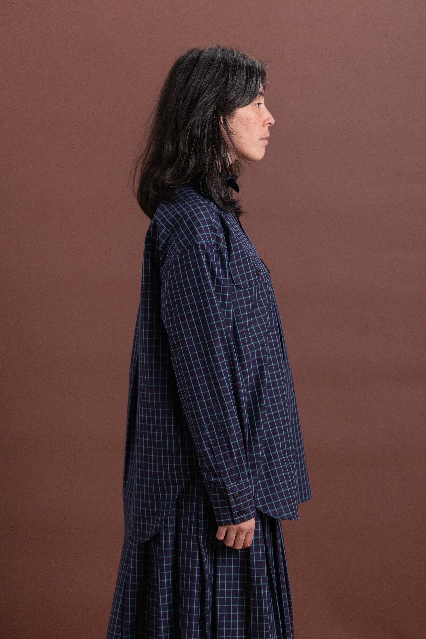 OVERSIZED RUFFLE NECK TOP IN ITALIAN WINDOWPANE COTTON