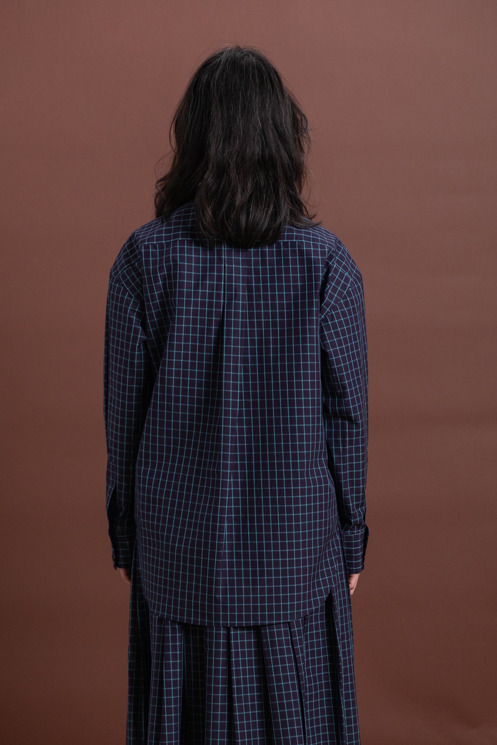 OVERSIZED RUFFLE NECK TOP IN ITALIAN WINDOWPANE COTTON