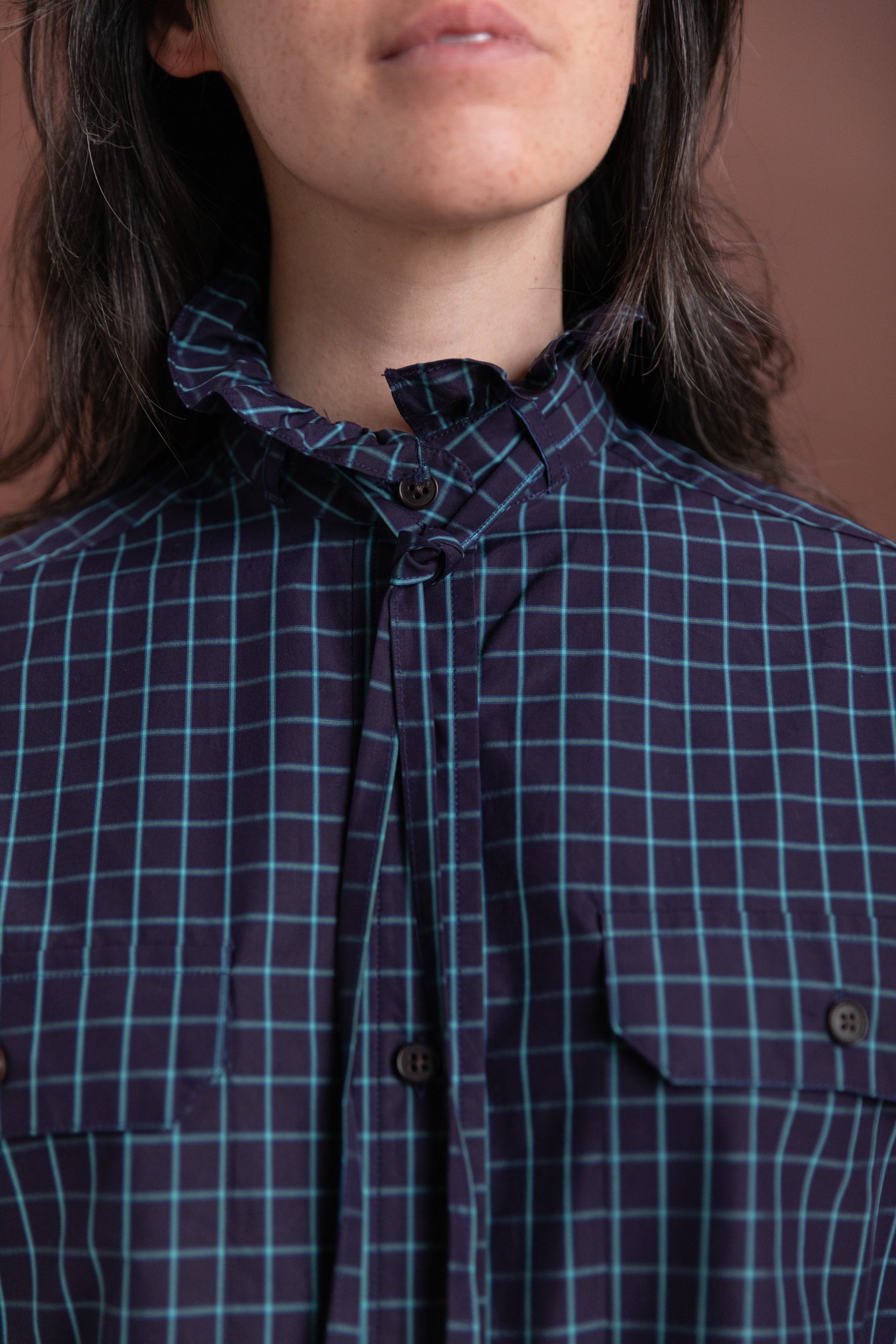 OVERSIZED RUFFLE NECK TOP IN ITALIAN WINDOWPANE COTTON