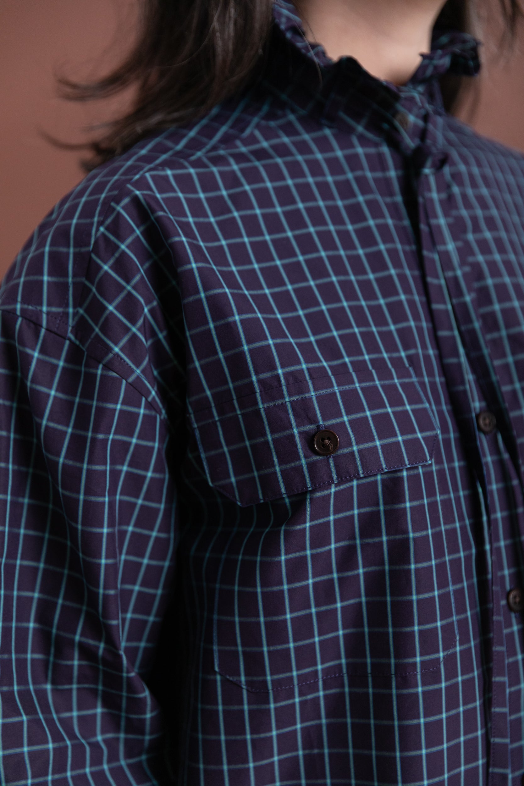 OVERSIZED RUFFLE NECK TOP IN ITALIAN WINDOWPANE COTTON